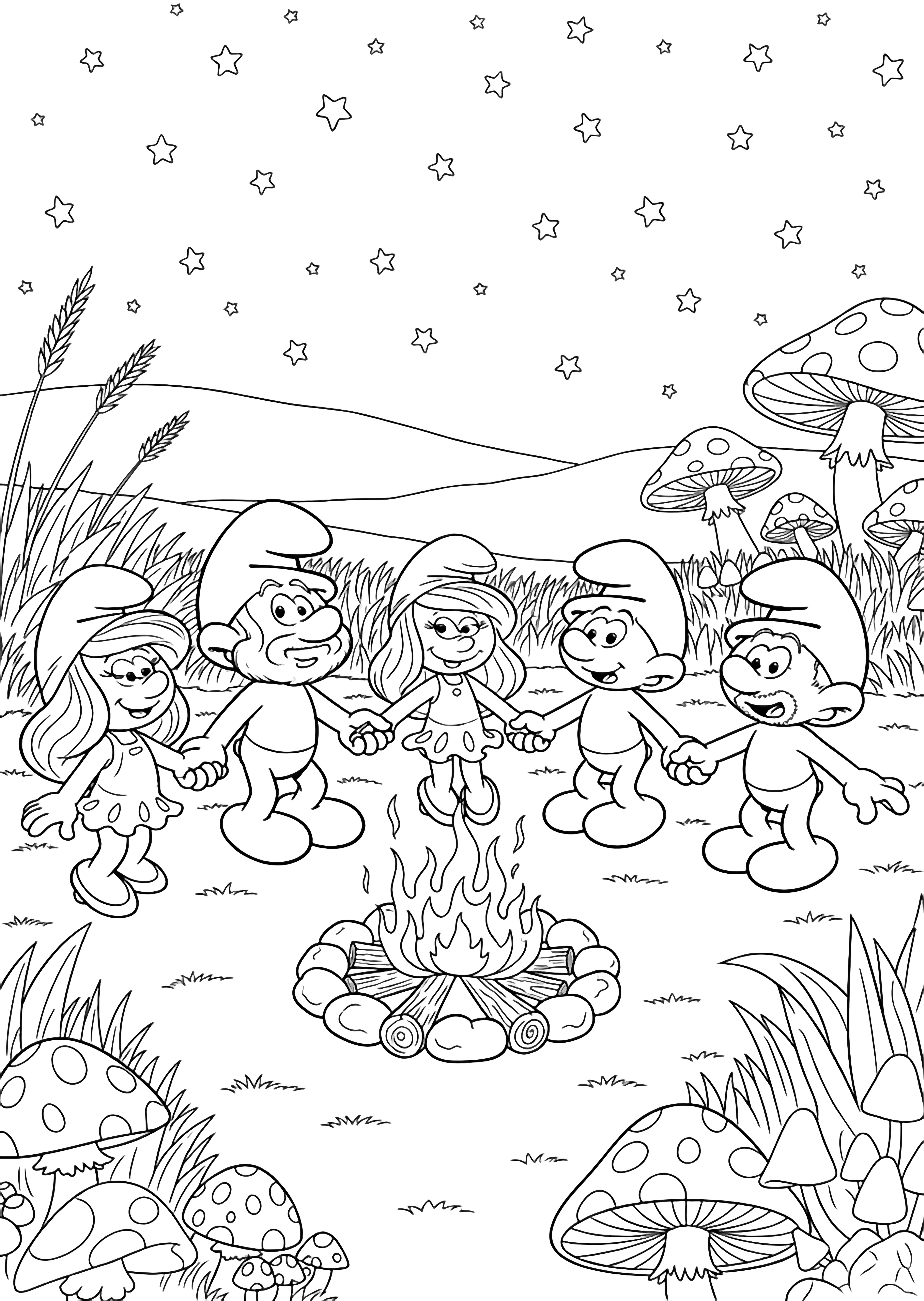 Papa Smurf and friends join hands in a wide circle around a campfire, framed by tall grass, mushrooms, and a starry sky. kleurplaat