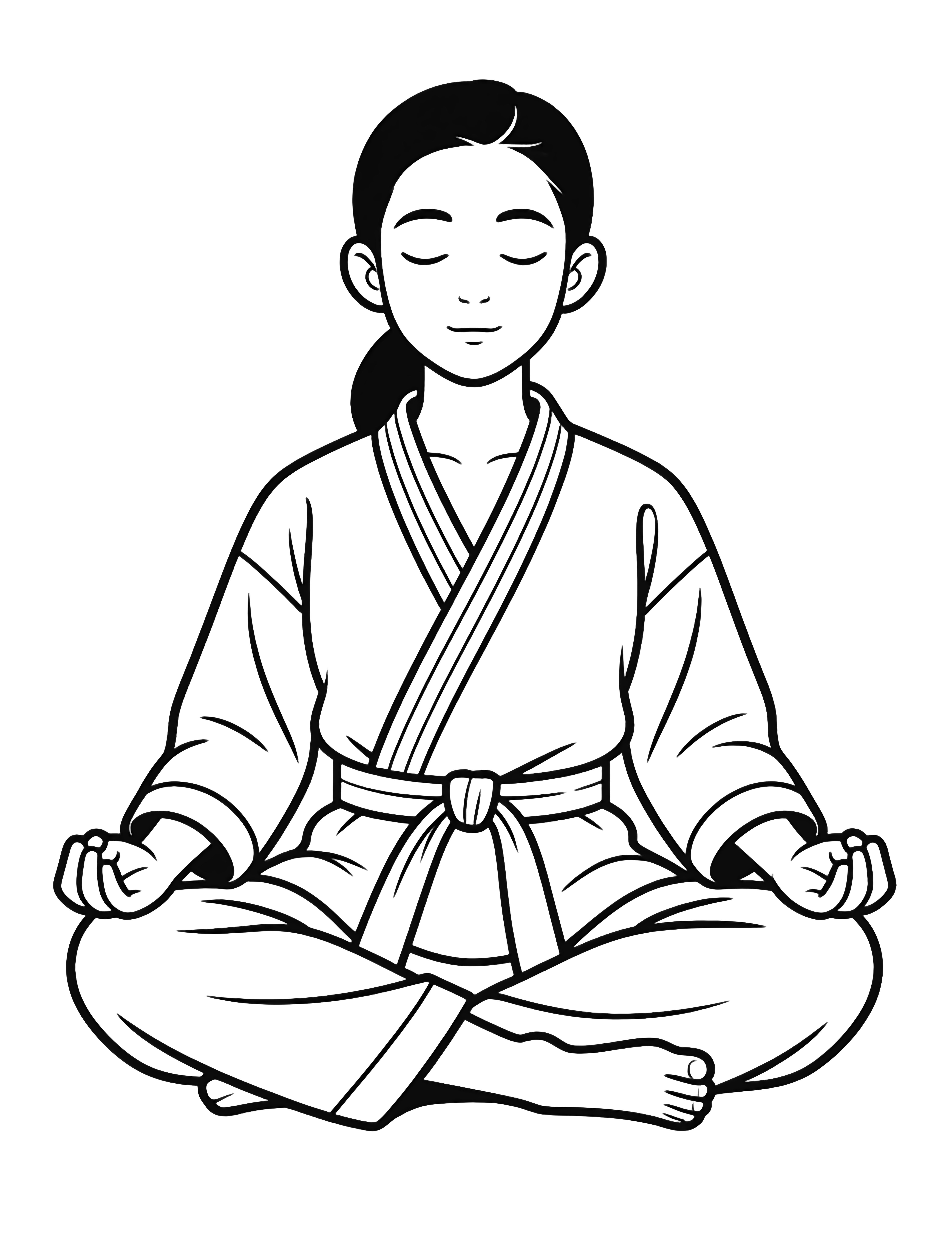 A serene martial artist sits cross-legged meditating, hands on knees, eyes closed, wearing a gi and belt, hair tied back. kleurplaat
