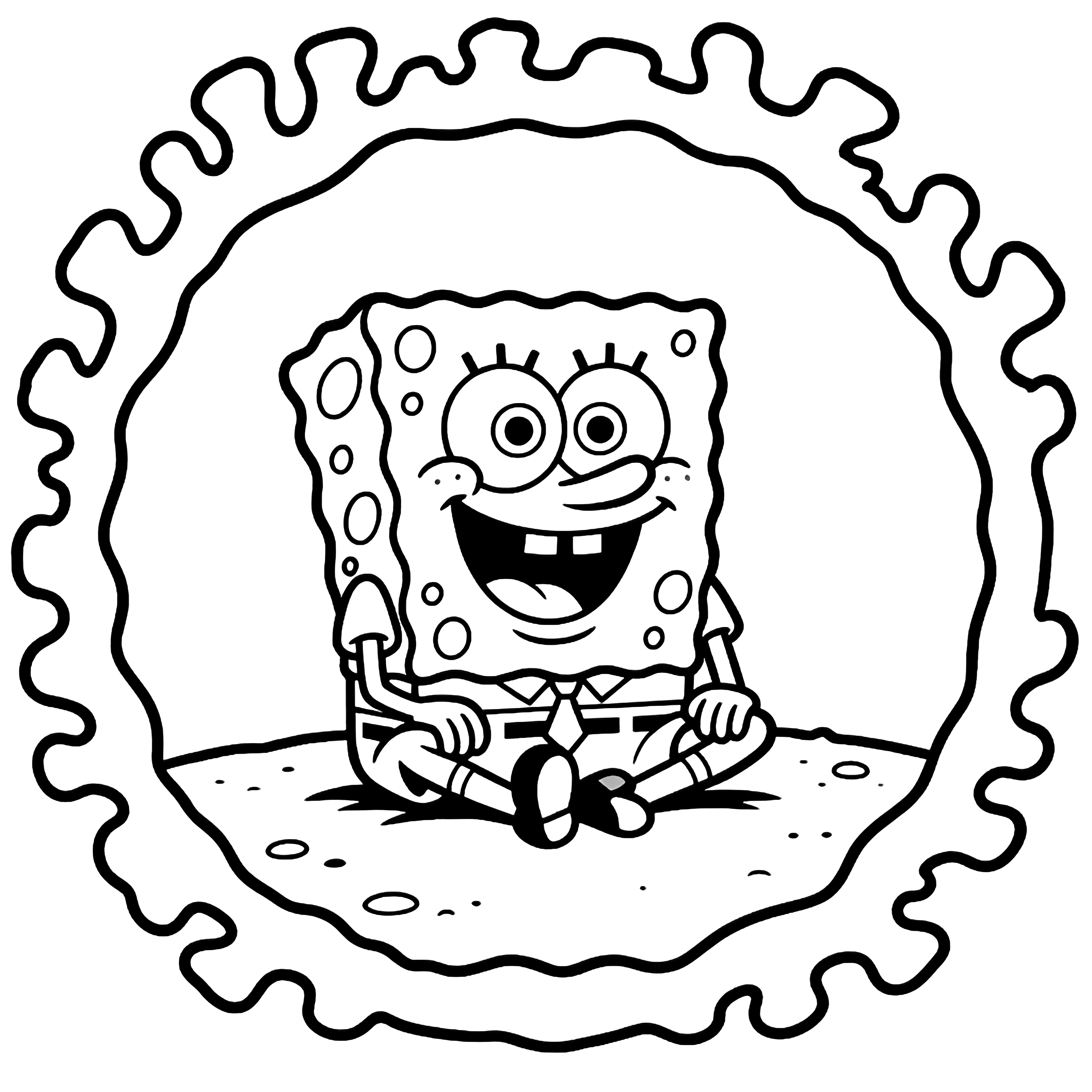 SpongeBob sits cross-legged on the seabed, huge smile, arms on knees, encircled by simple coral. kleurplaat