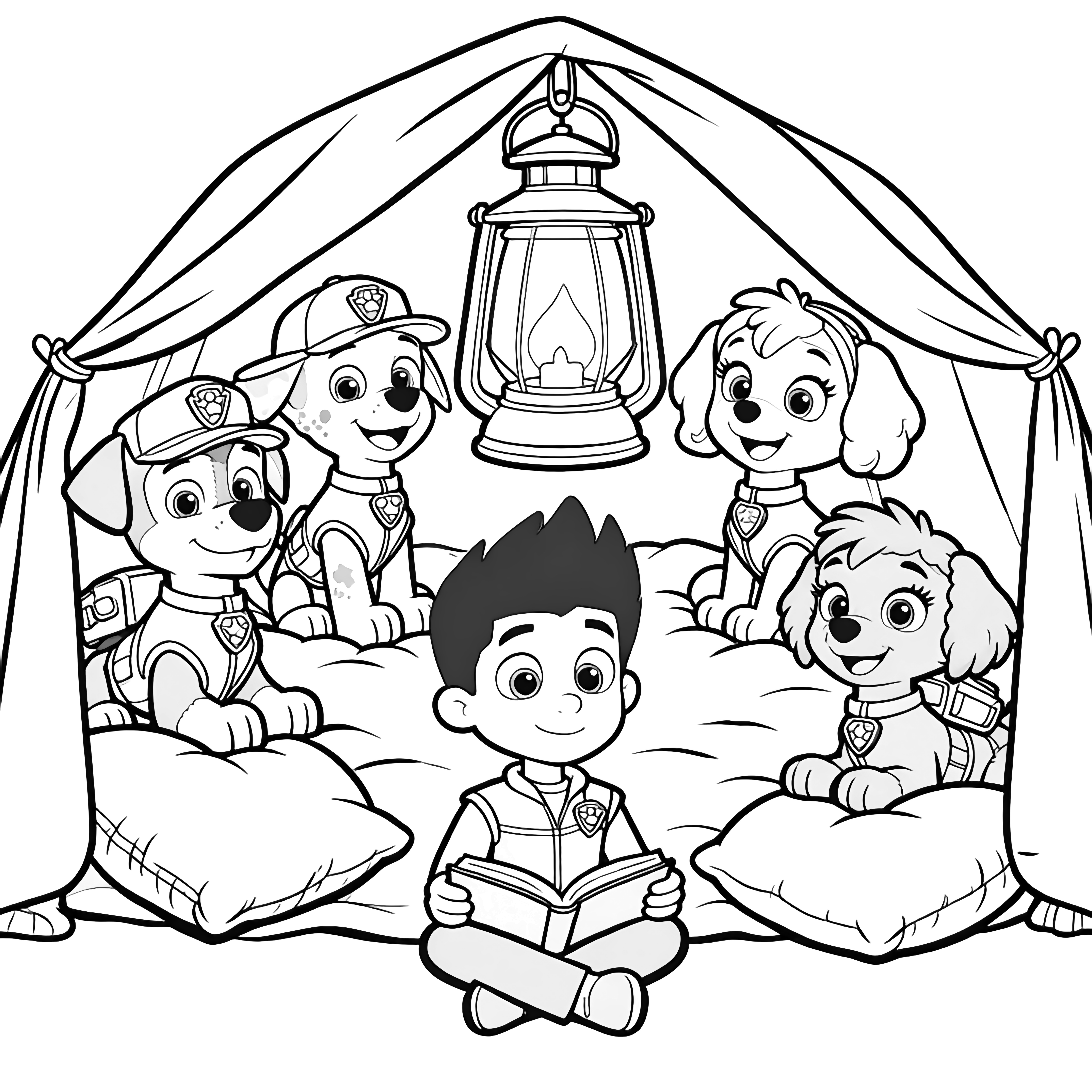 Ryder sits cross-legged reading while Chase, Marshall, Skye, Rubble, Rocky and Zuma snuggle around a glowing lantern inside a starry blanket fort. kleurplaat