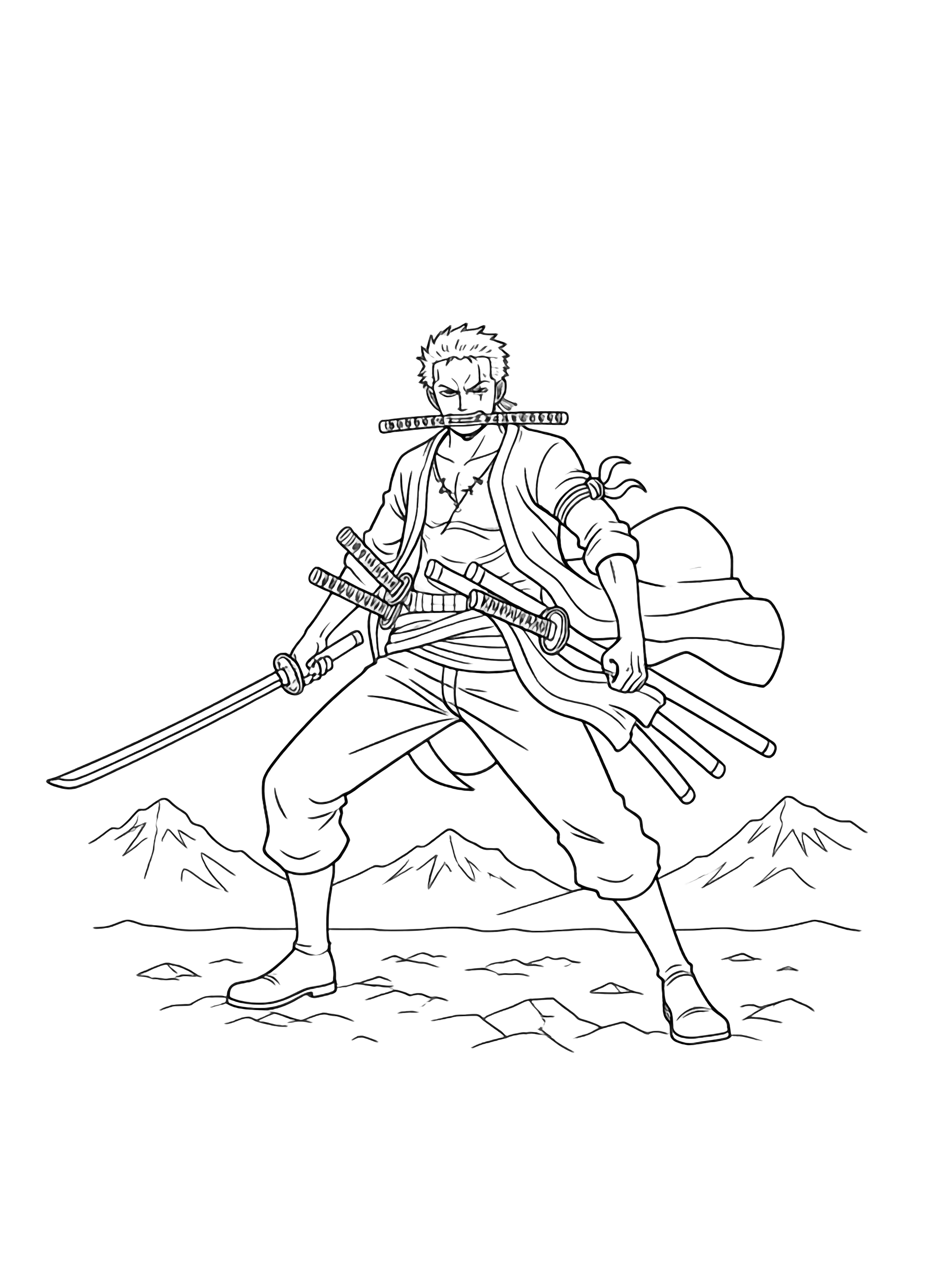 Zoro stands wide-legged, gripping a katana in each hand and one clenched in his teeth, hair and coat tails whipping in wind, rocky ground and distant mountains behind. kleurplaat
