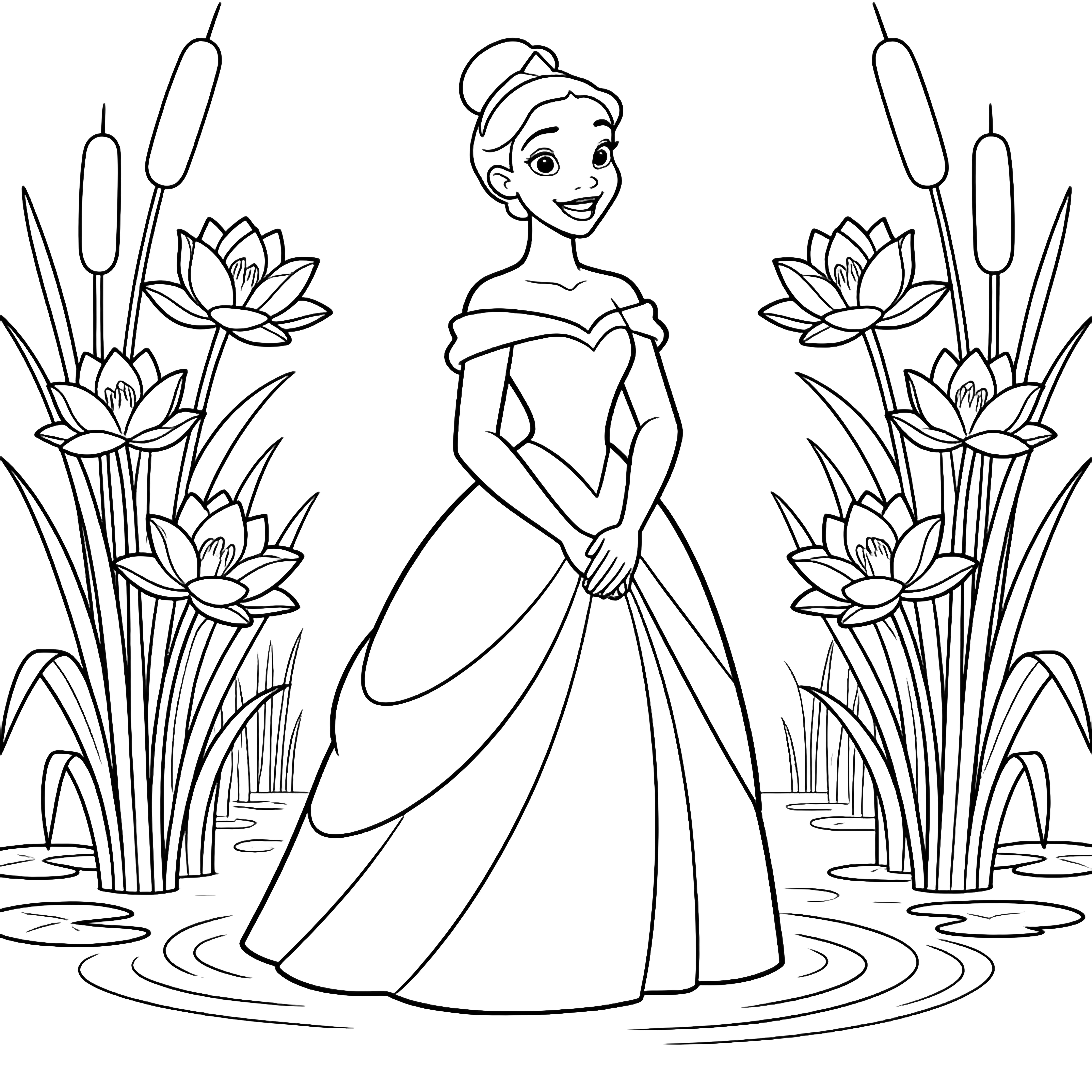 Tiana stands center, hands clasped, gown flowing; bayou lilies and cattails frame her gently smiling face. kleurplaat