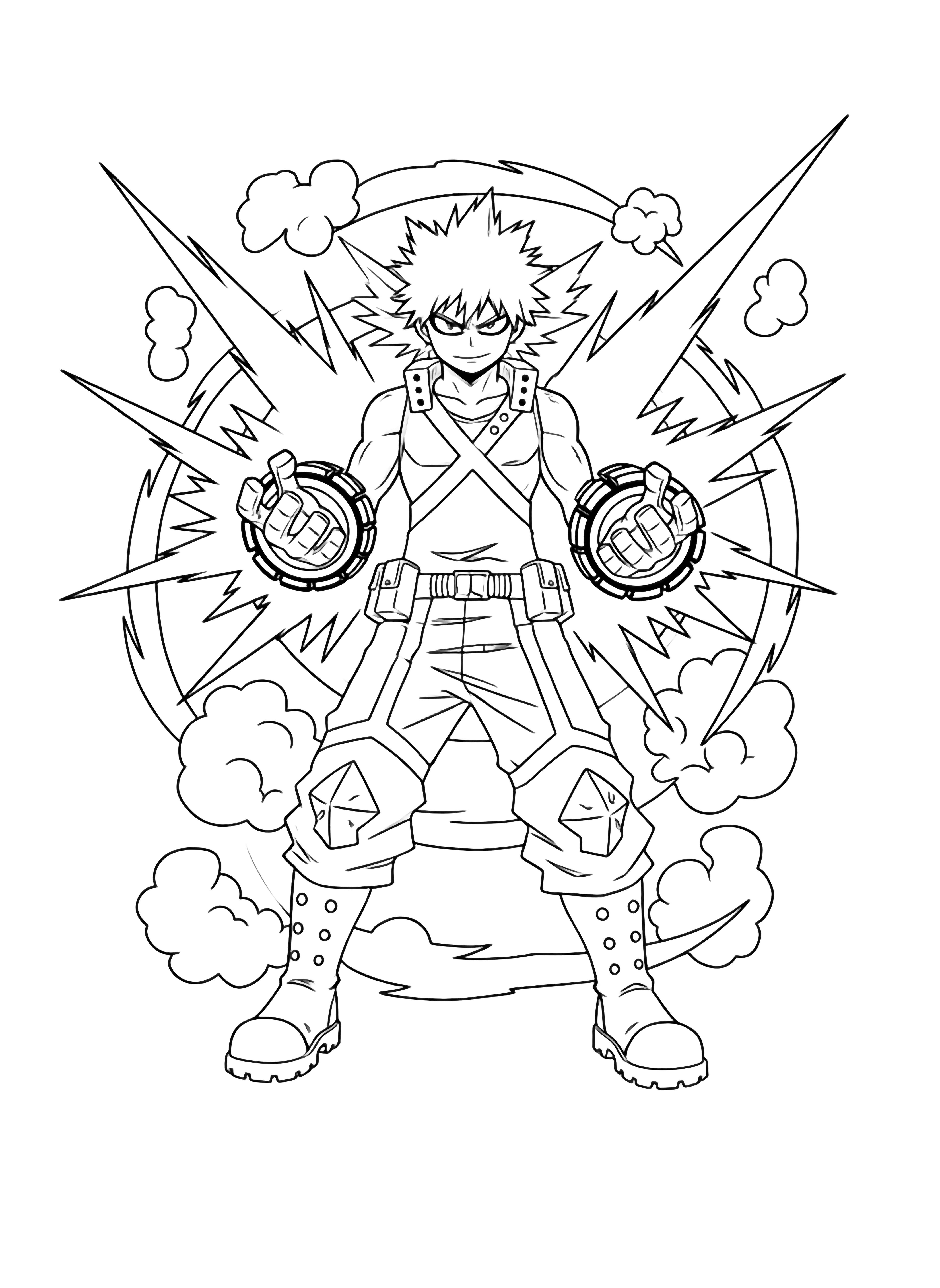 Bakugo stands heroically with palms out and spiky hair bouncing, cloud-burst shapes and jagged blast rings behind him. kleurplaat