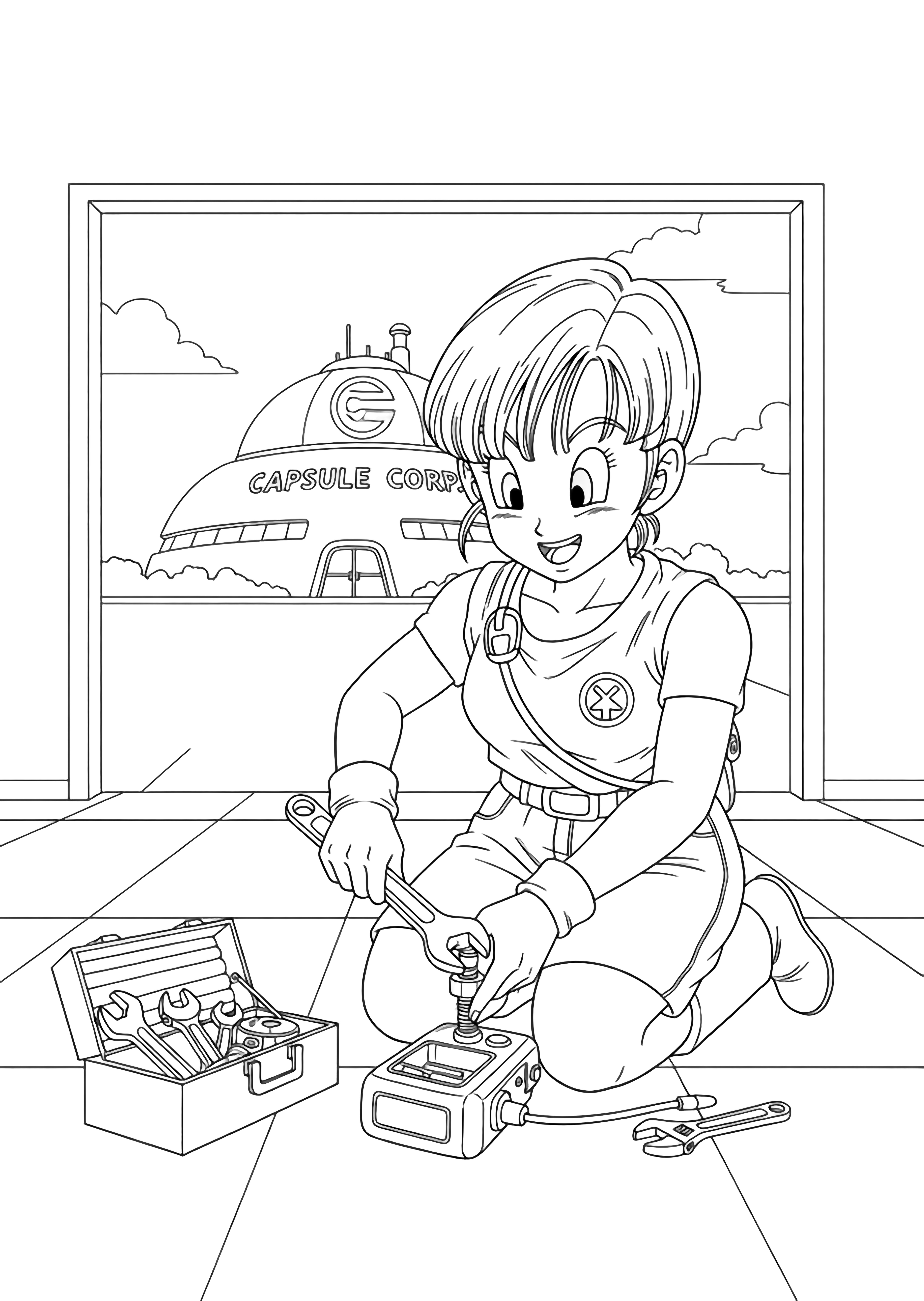Bulma kneels tightening a tiny gadget, toolbox beside her on tiled floor, open garage door and Capsule Corp dome visible behind. kleurplaat