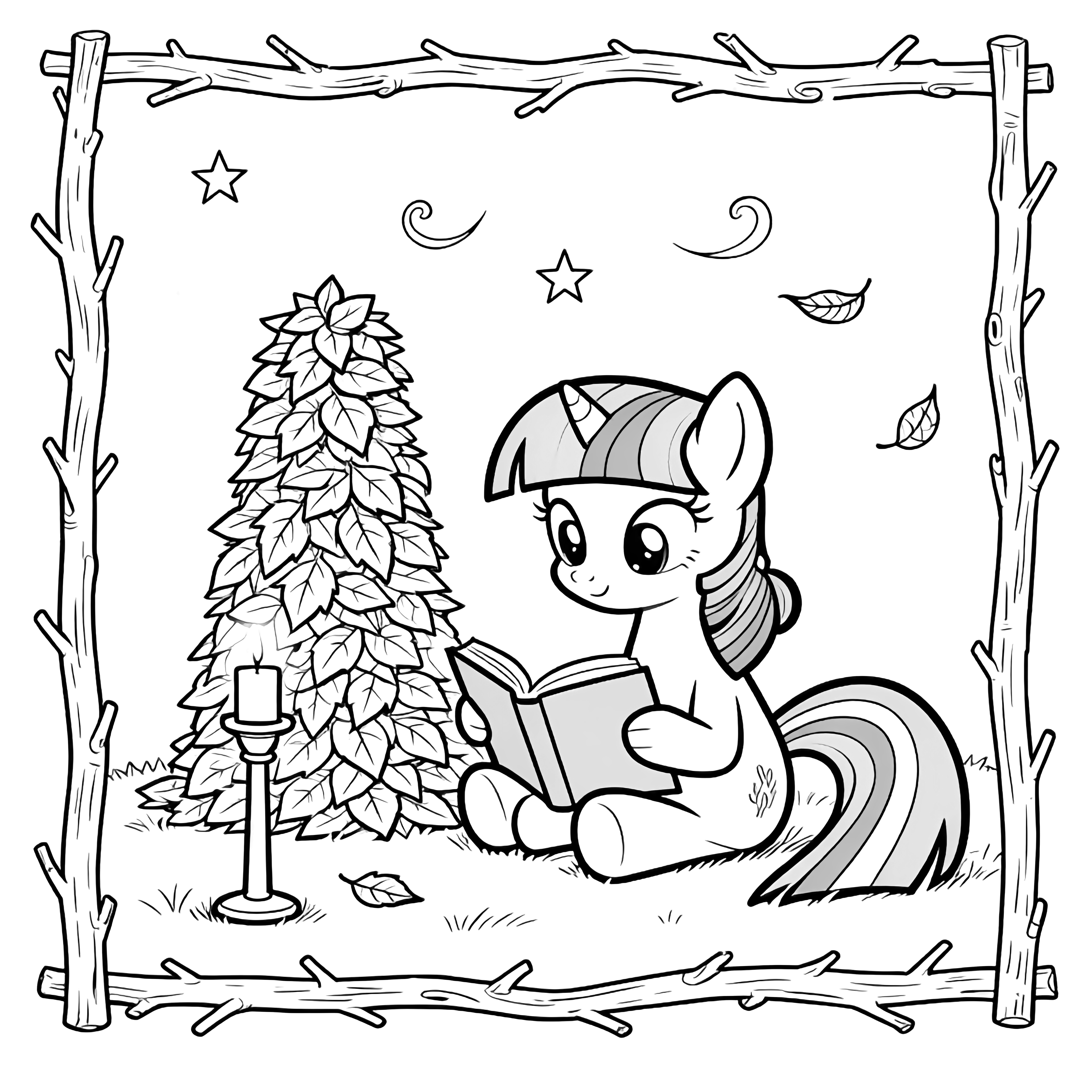 Twilight Sparkle, mane in a ponytail, reads an open book beside a neat pile of leaves, a candlestick on the ground, stars and curled leaves drifting around, framed by twigs. kleurplaat