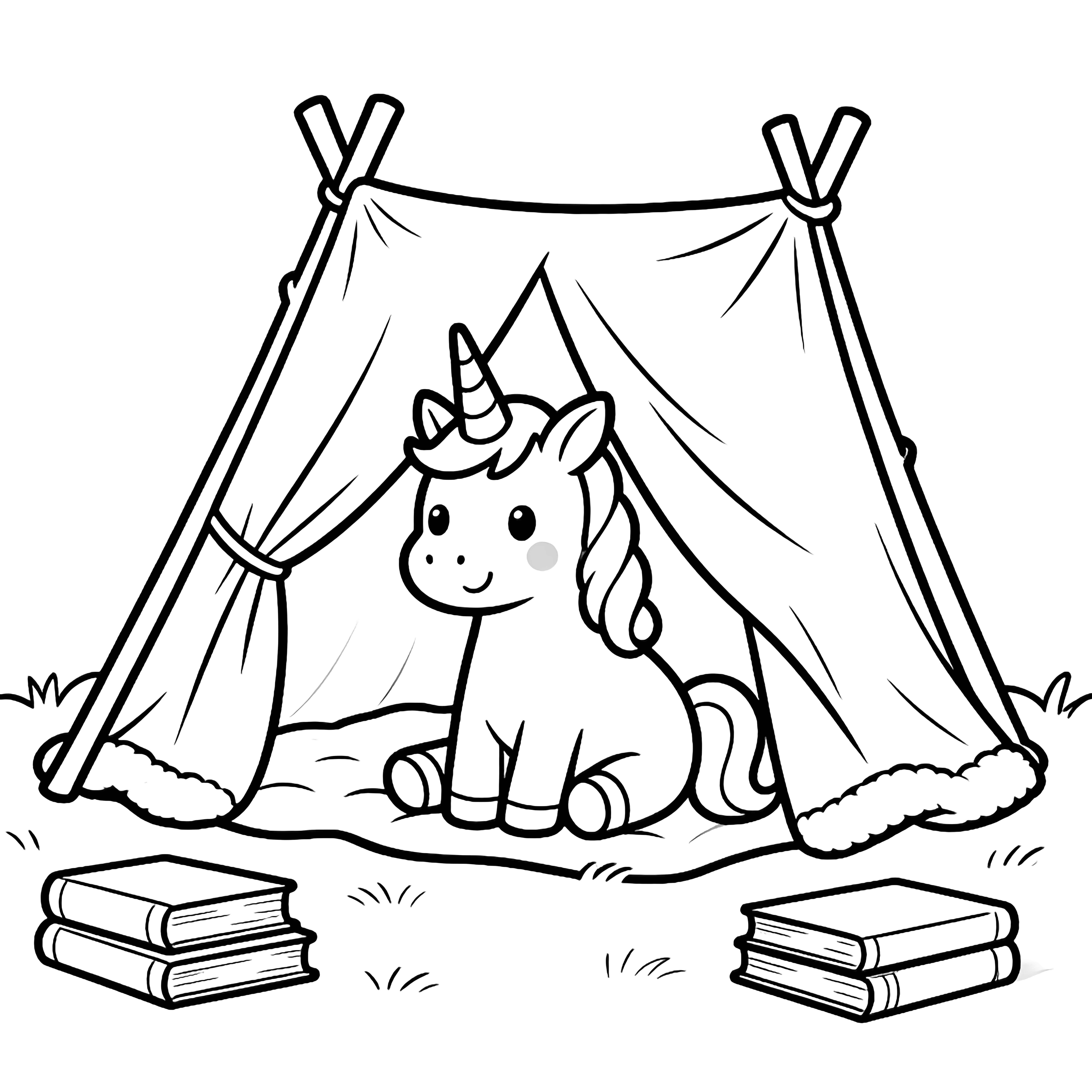 A smiling unicorn nestled in a blanket fort made of sticks, with simple books and stars scattered around. kleurplaat