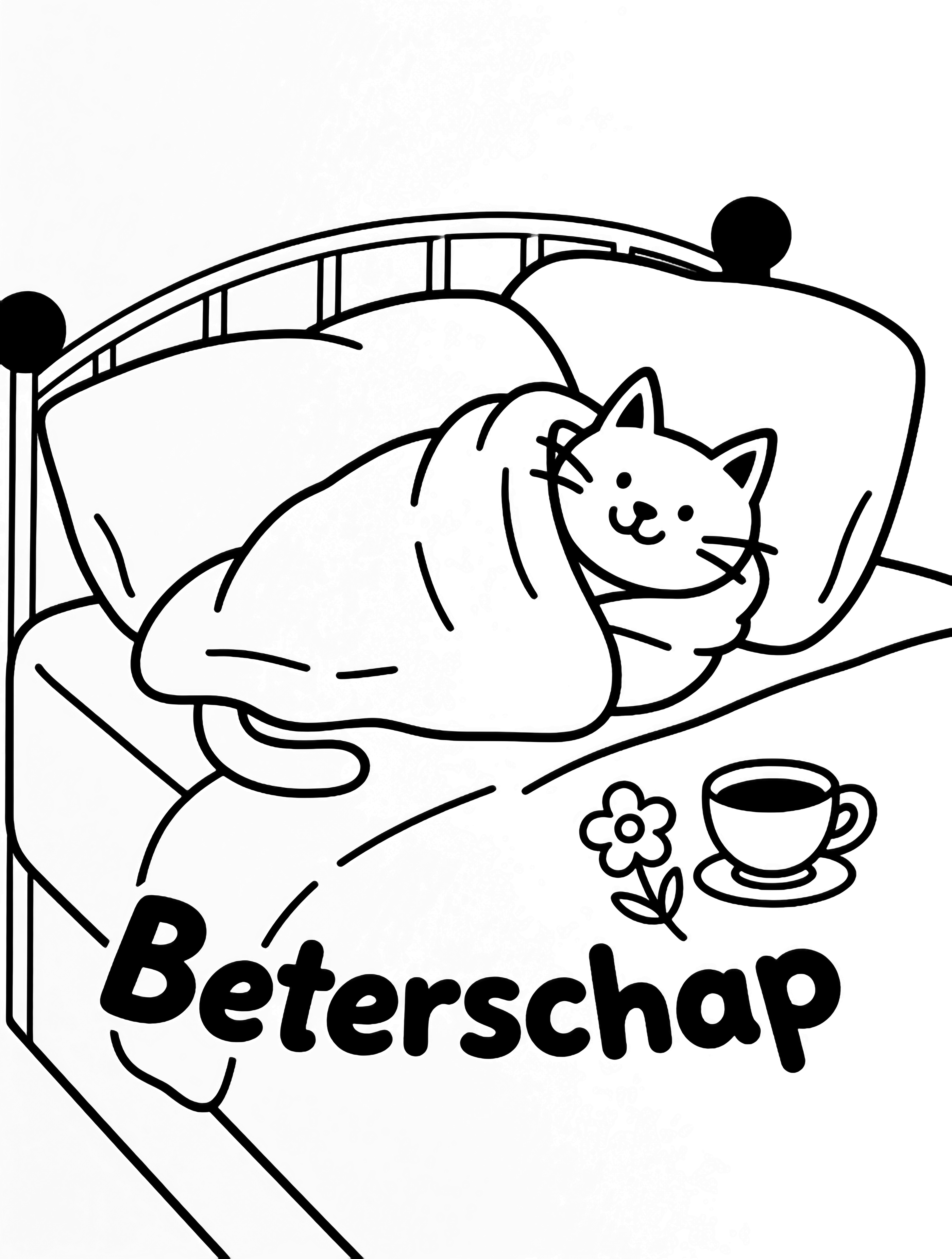 A smiling cat wrapped in a blanket lies on a bed, with a teacup, two simple flowers, and the word "Beterschap" beside it. kleurplaat
