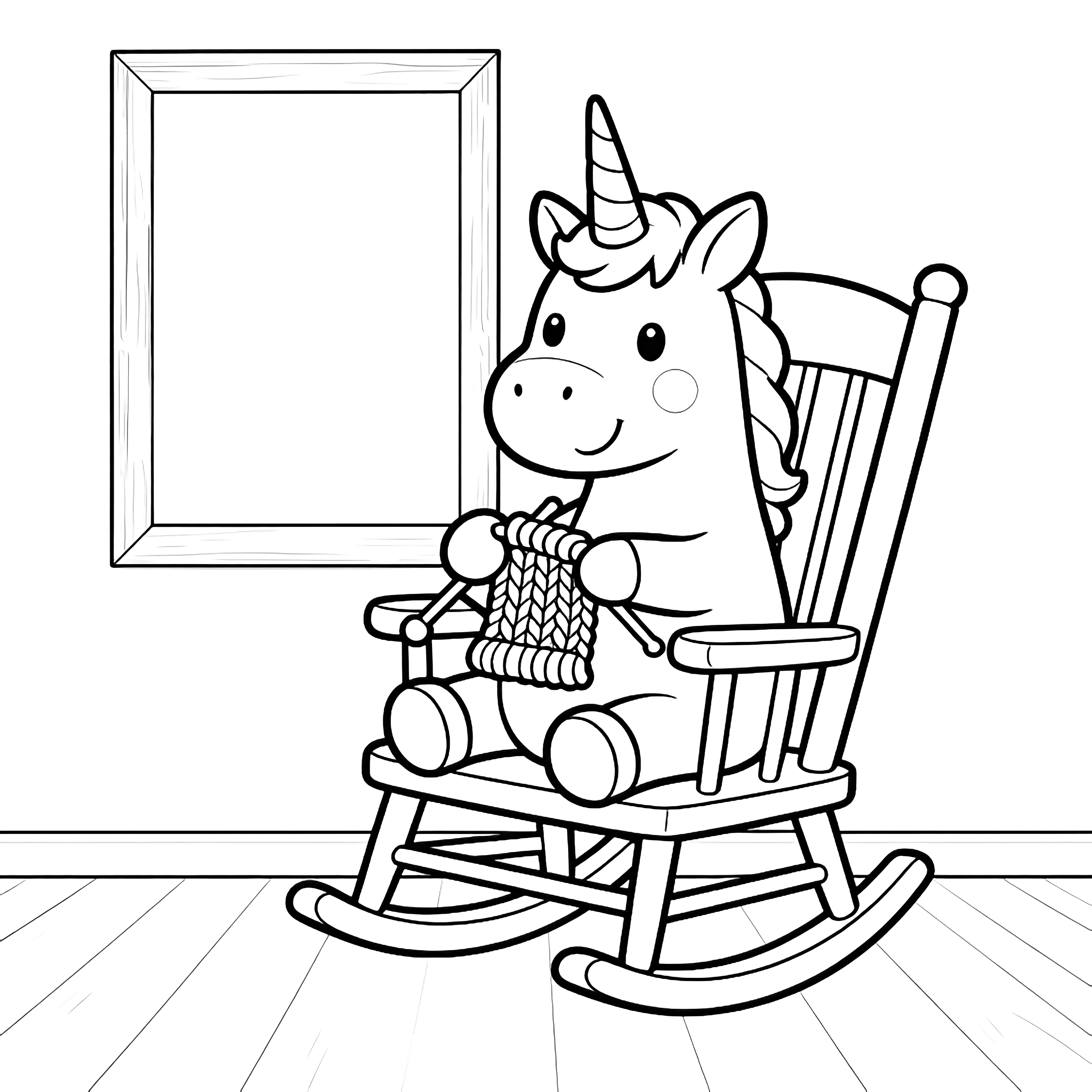 A smiling unicorn sits in a tiny rocking chair, knitting a scarf with chunky needles, surrounded by floating hearts, a plain floor, and an empty picture frame behind. kleurplaat