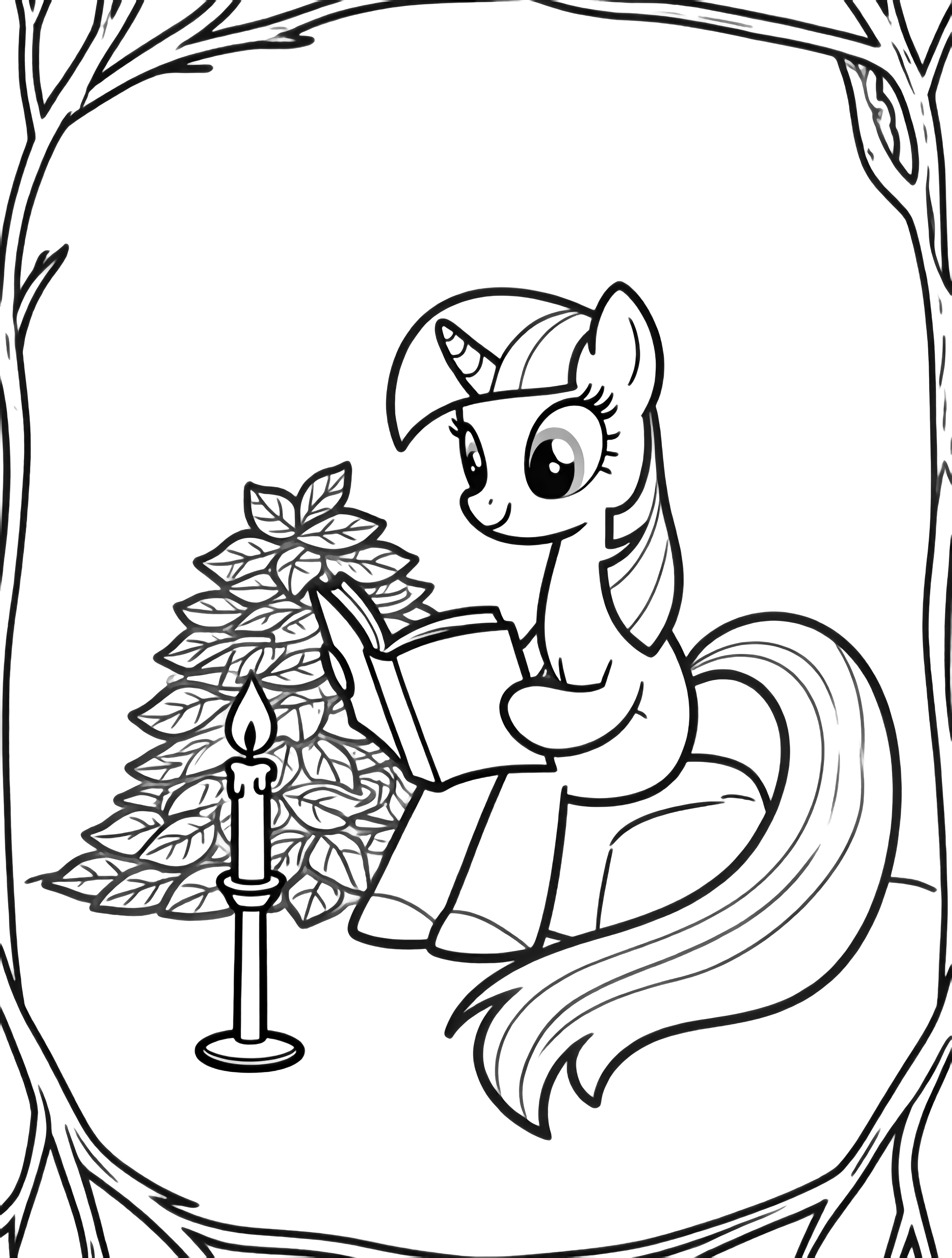 Twilight Sparkle, mane in a ponytail, reads an open book beside a leaf pile, a candlestick nearby, stars and curled leaves drifting around, framed by twigs. kleurplaat