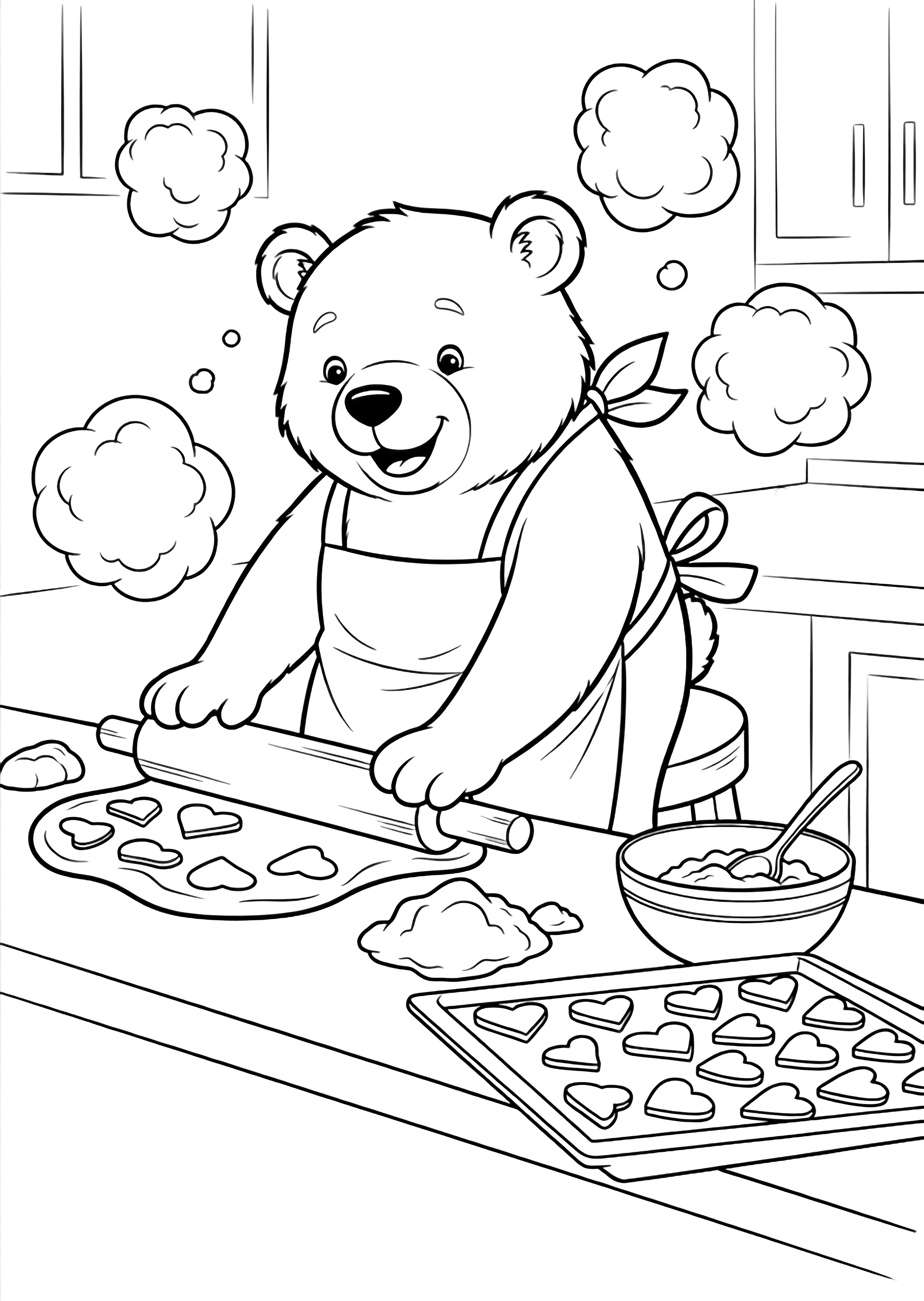 A cheerful bear in an apron rolls dough on a stool, surrounded by flour clouds, heart cookies, bowl, spoon, and tray in a simple kitchen. kleurplaat