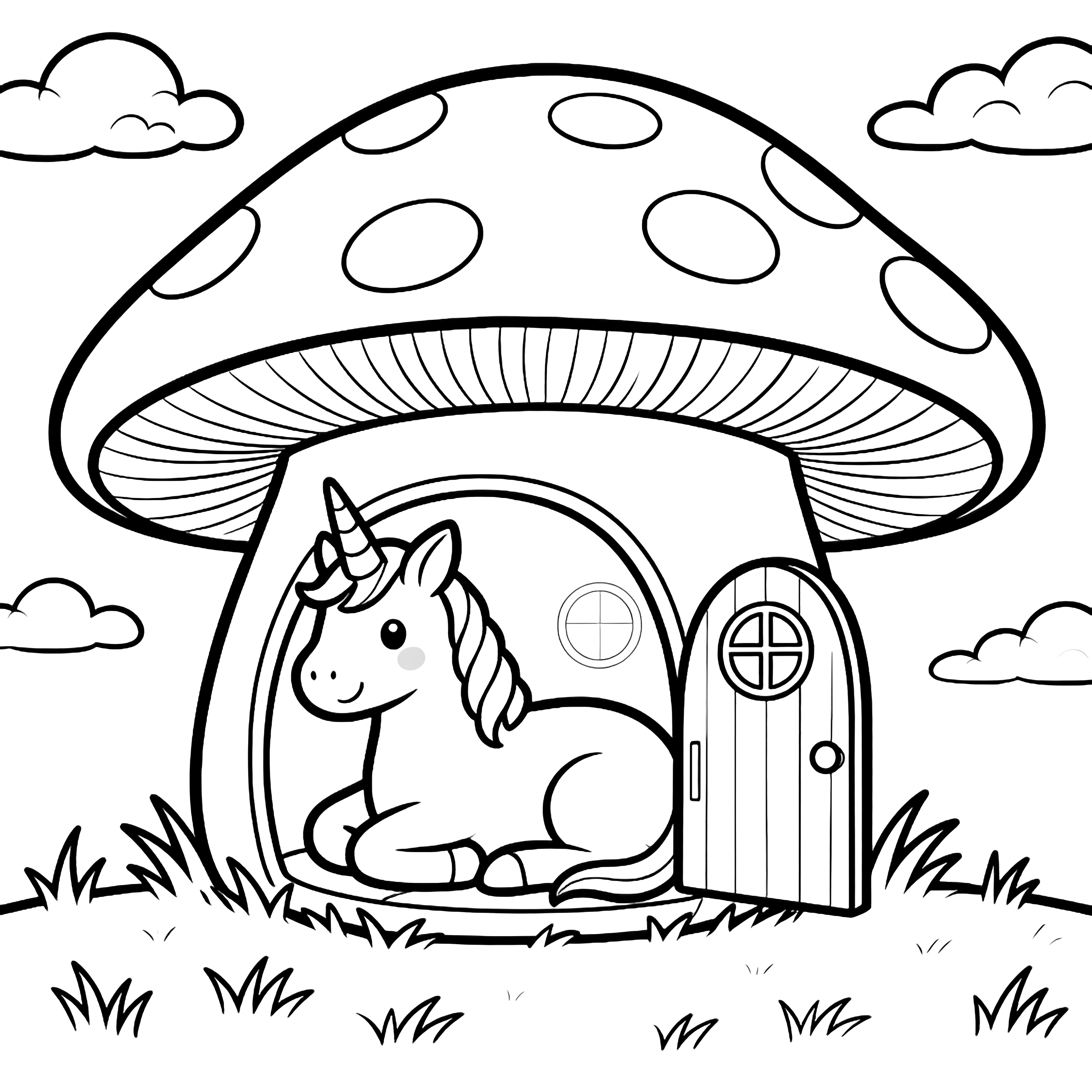 A smiling unicorn naps inside a giant mushroom house with open door and round windows, tiny snails in grass below drifting clouds. kleurplaat