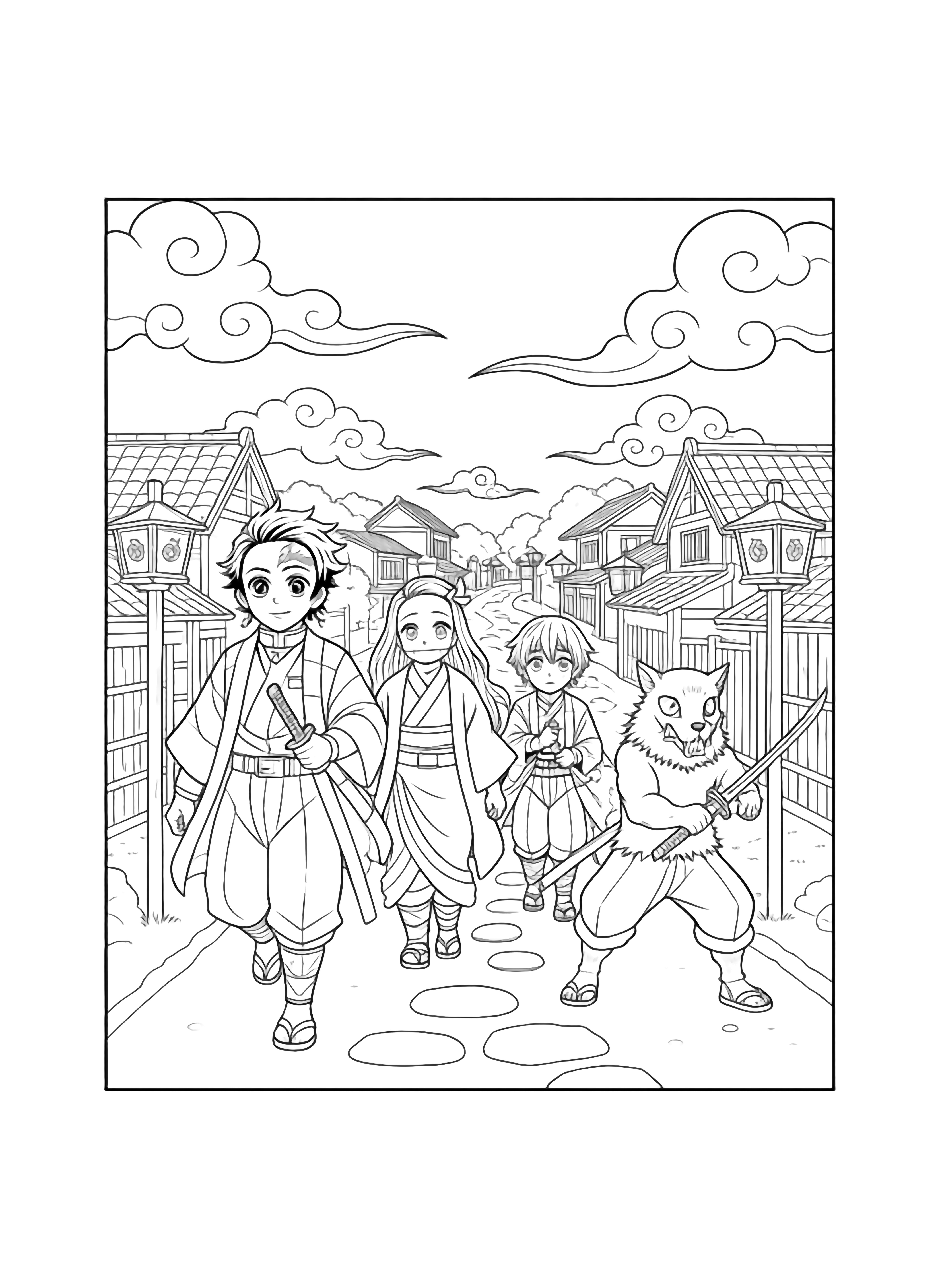 Tanjiro walks ahead of smiling Nezuko, anxious Zenitsu, and boar-masked Inosuke down a curving village lane lined with cottages, lantern poles, and rolling clouds. kleurplaat