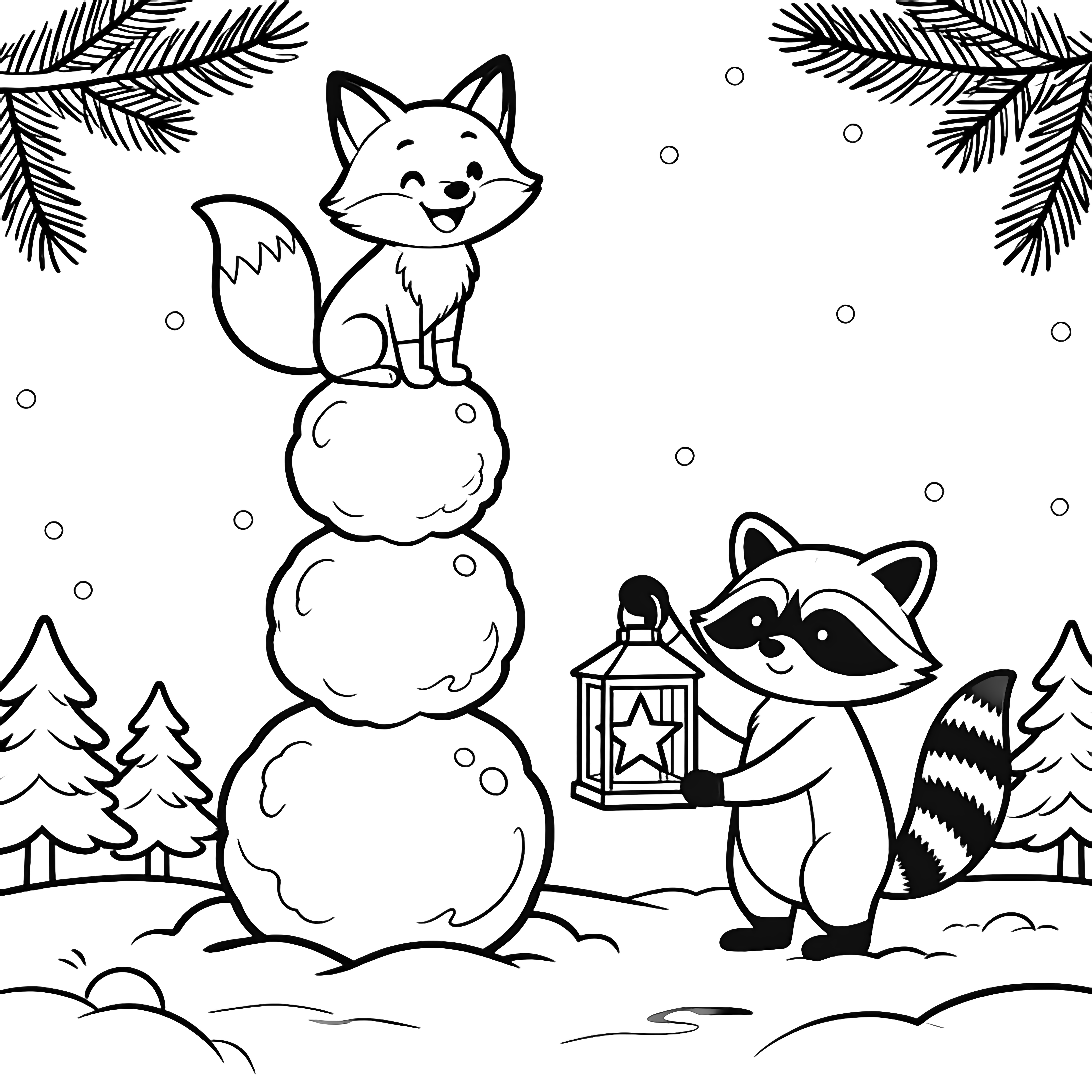 A smiling fox stacks three big snowballs while a raccoon holds a star-topped lantern frame, with pine trees and falling snowflakes around them. kleurplaat