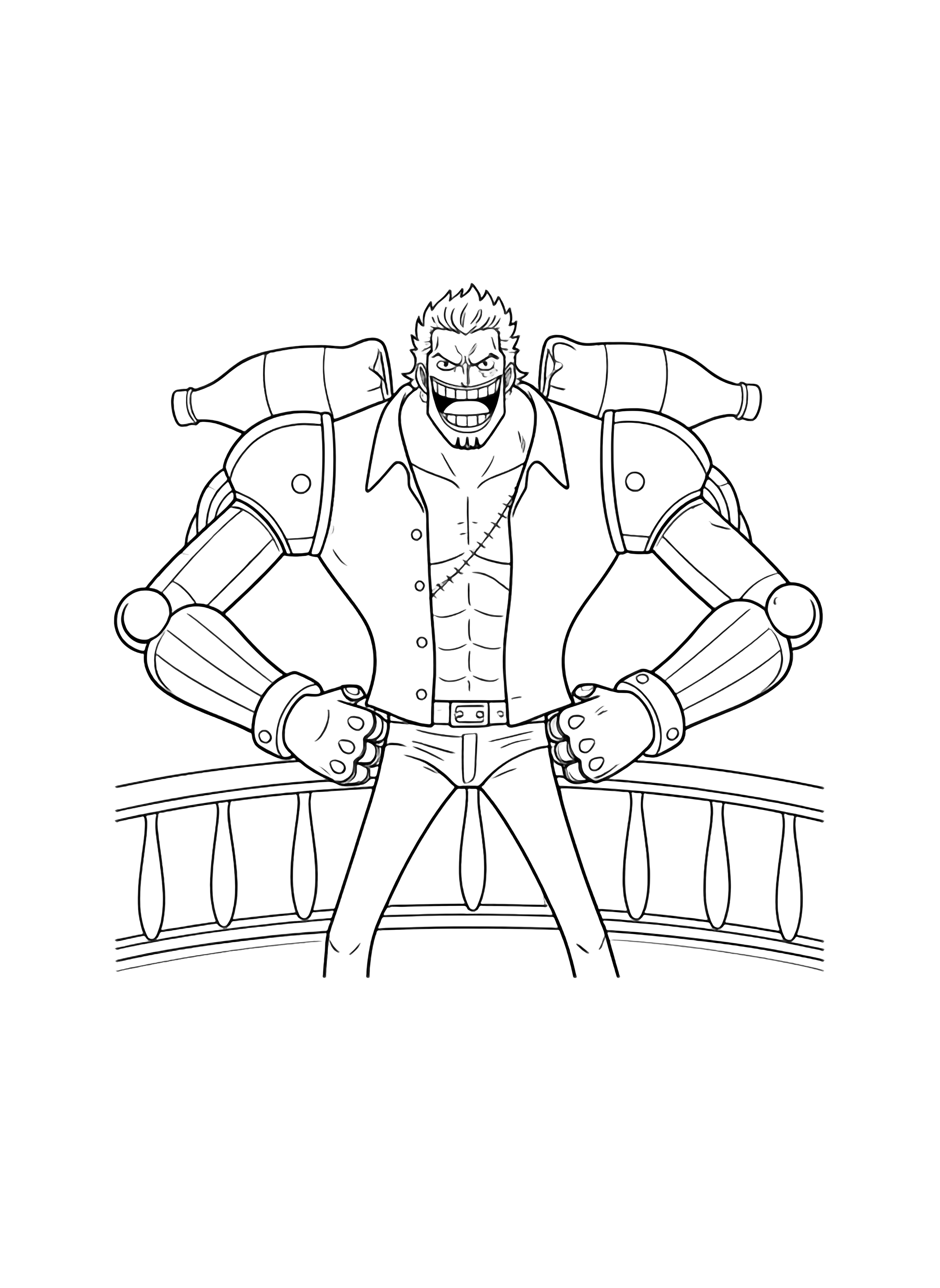 Franky stands with fists on hips, cola bottles on shoulders, arms wide, grinning by a ship rail. kleurplaat