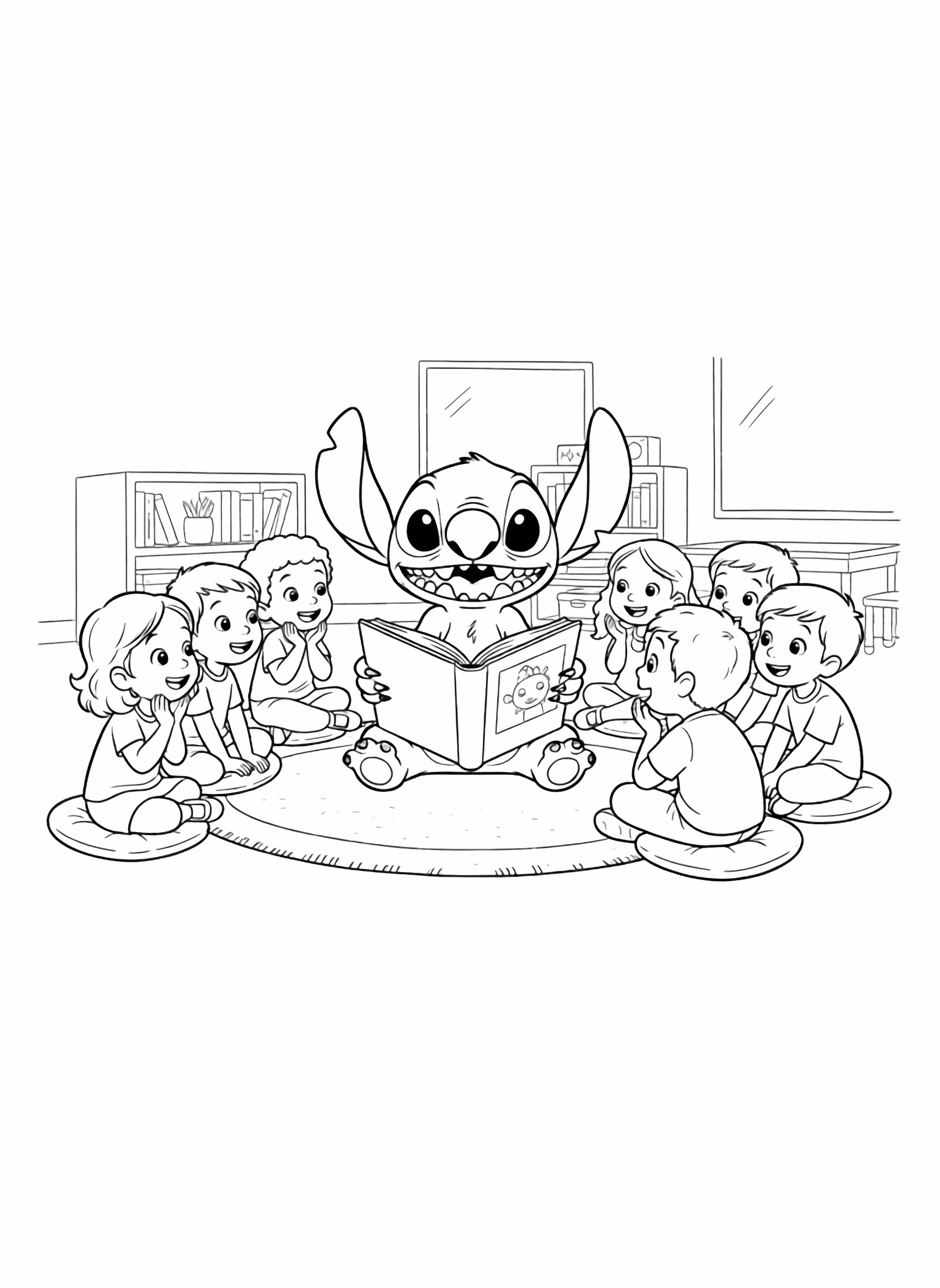 A black and white illustration of Stitch happily reading aloud to a circle of delighted children in a cozy classroom Stitch sits cross legged on a rug holding an open storybook with his big ears perked up and eyes sparkling with excitement Around him a diverse group of smiling children sit on small cushions leaning forward clean black and white line drawing minimal shading no colour no fill kleurplaat