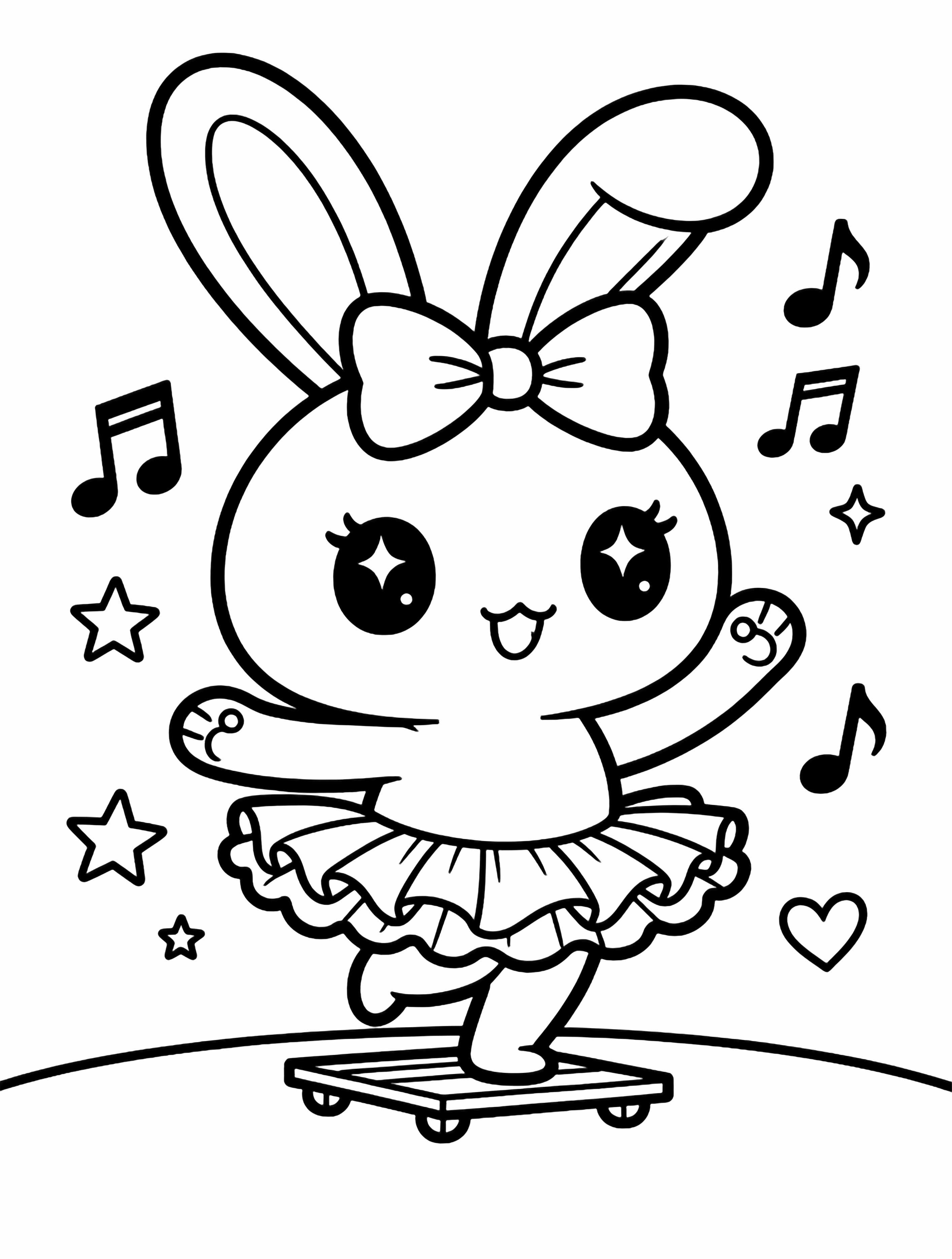 ミス・ホップス、リボンで結んだ垂れ耳とフリルのチュチュをまとったかわいいバニーダンサーは、小さなステージボードの上でくるくると回り、両手を高く上げ、浮かぶ音符、星、ハートの中で踊っている。 kleurplaat