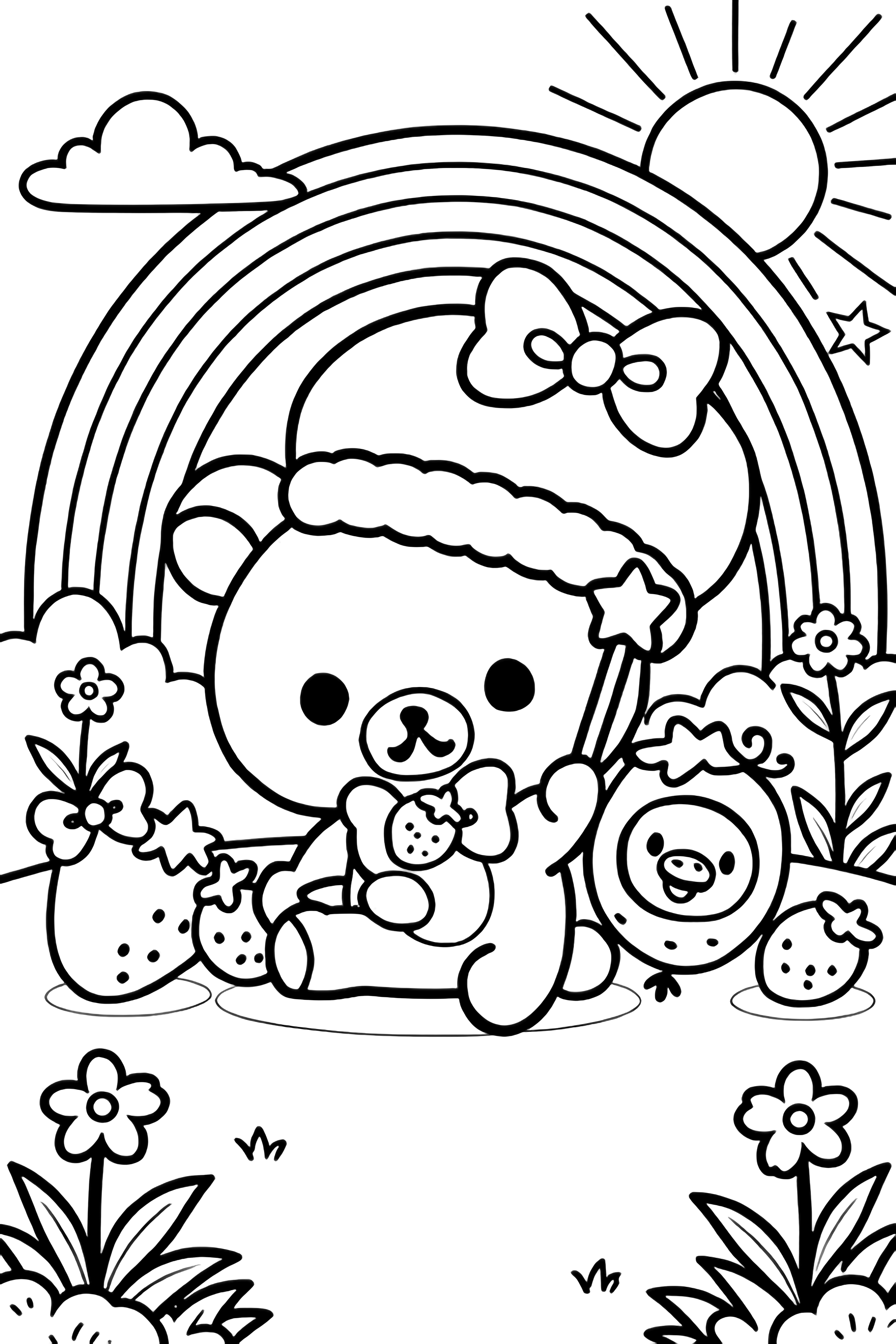 Korilakkuma bear in strawberry costume waves a wand while happy strawberries and a duck companion float among little hearts. kleurplaat