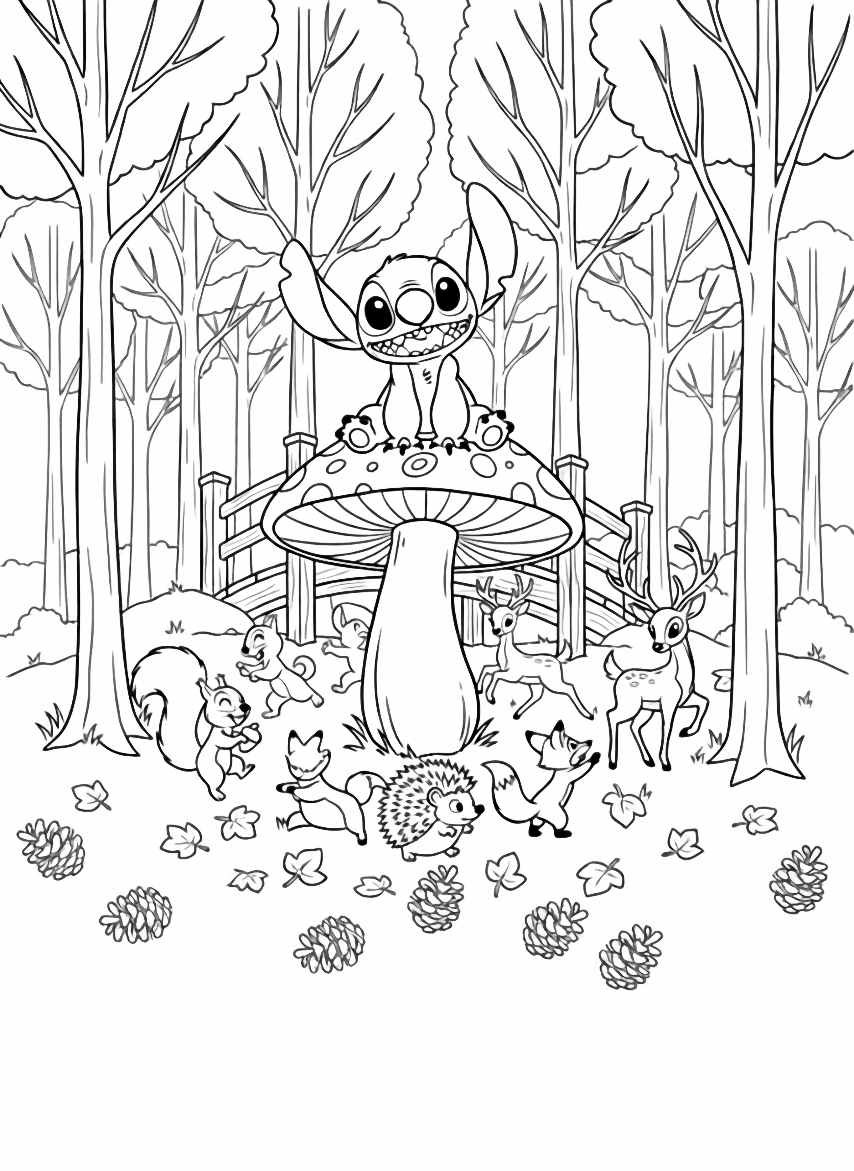 A black and white illustration of Stitch sitting cheerfully on top of a giant mushroom His ears are perked up and his eyes sparkle with delight Around him forest animals dance in a joyful circle a squirrel with a fluffy tail holds a tiny acorn while twirling a deer with elegant antlers prances clean black and white line drawing minimal shading no colour no fill kleurplaat