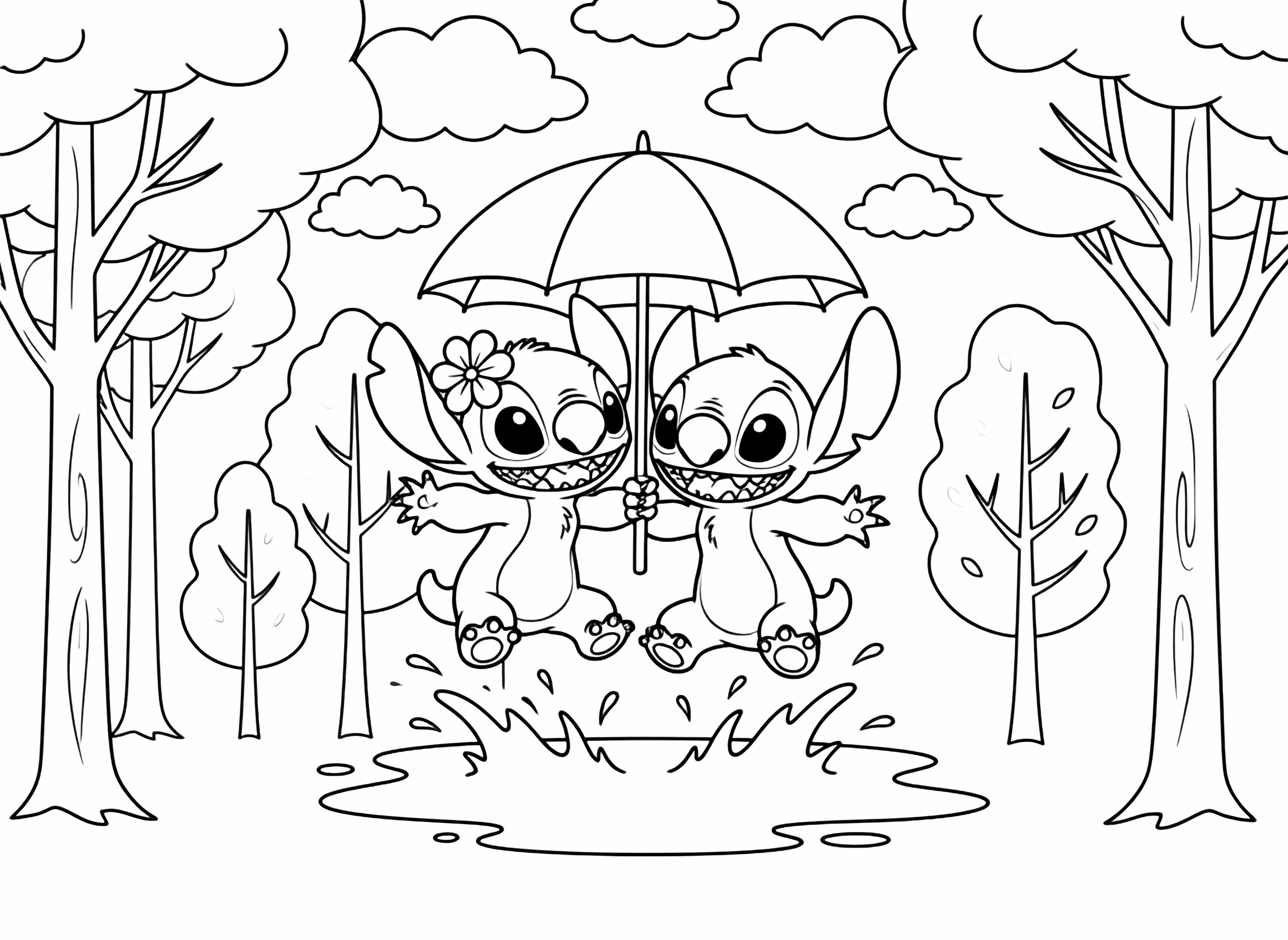 Two adorable cartoon aliens, one pink with a flower and one blue, sit together surrounded by floating hearts and sparkles on a light background. kleurplaat