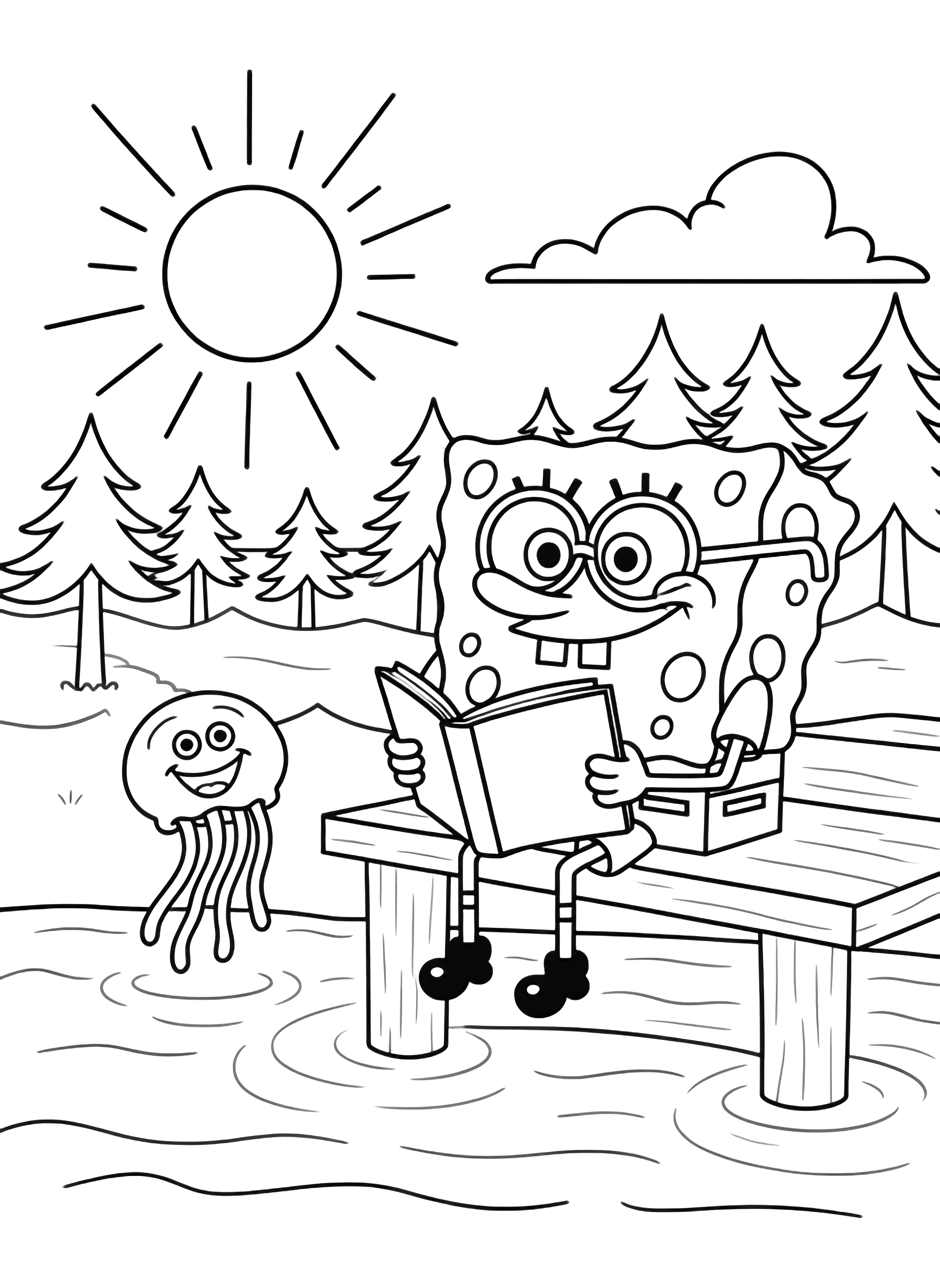 SpongeBob wearing glasses sits on a dock reading, legs dangling above wavy water; behind him a round sun, one cloud, and a smiling jellyfish. kleurplaat