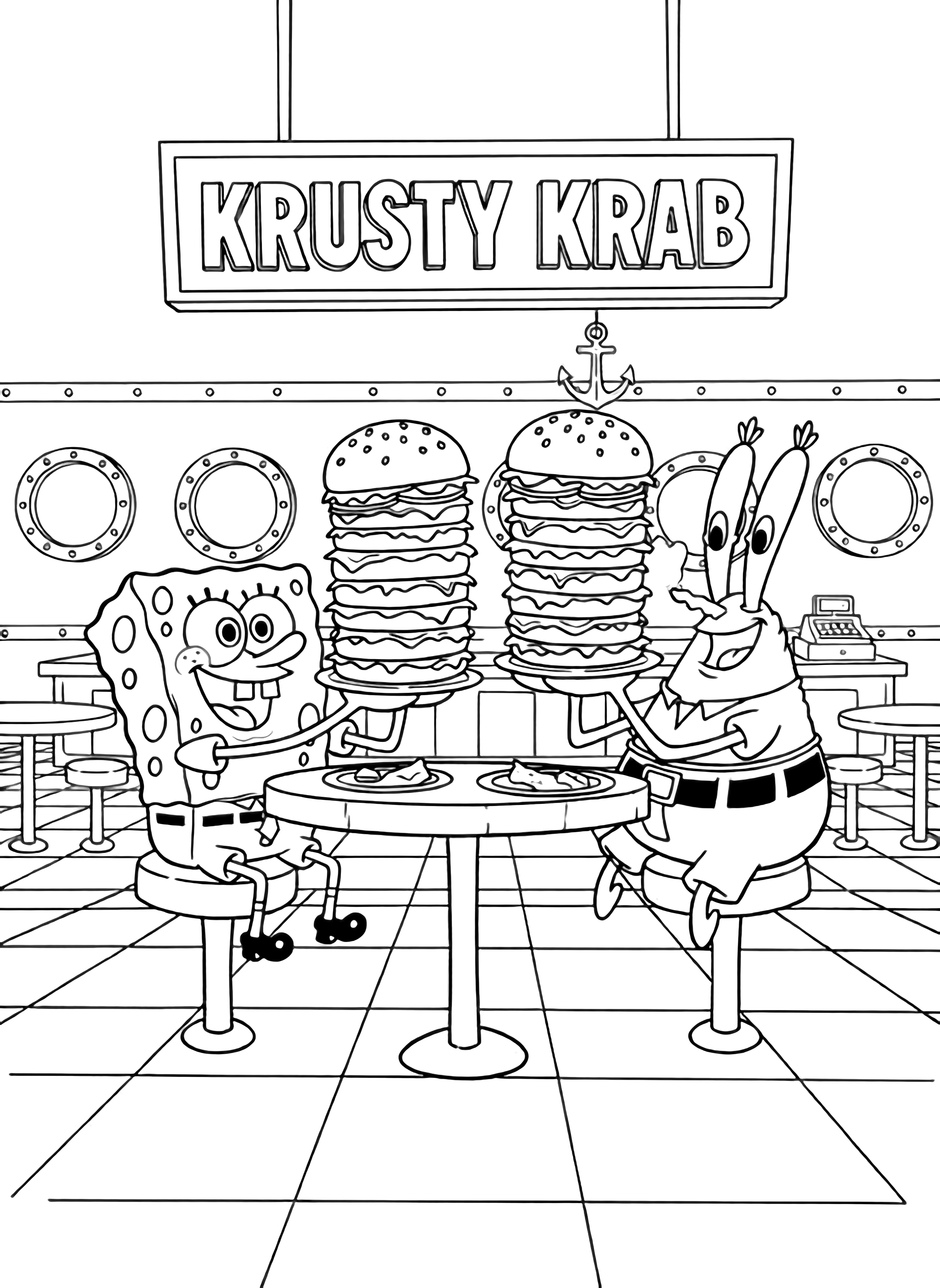 SpongeBob and Mr. Krabs seated at a small table, each holding an oversized burger; simple stools, checkered floor, and a "Krusty Krab" sign behind them. kleurplaat