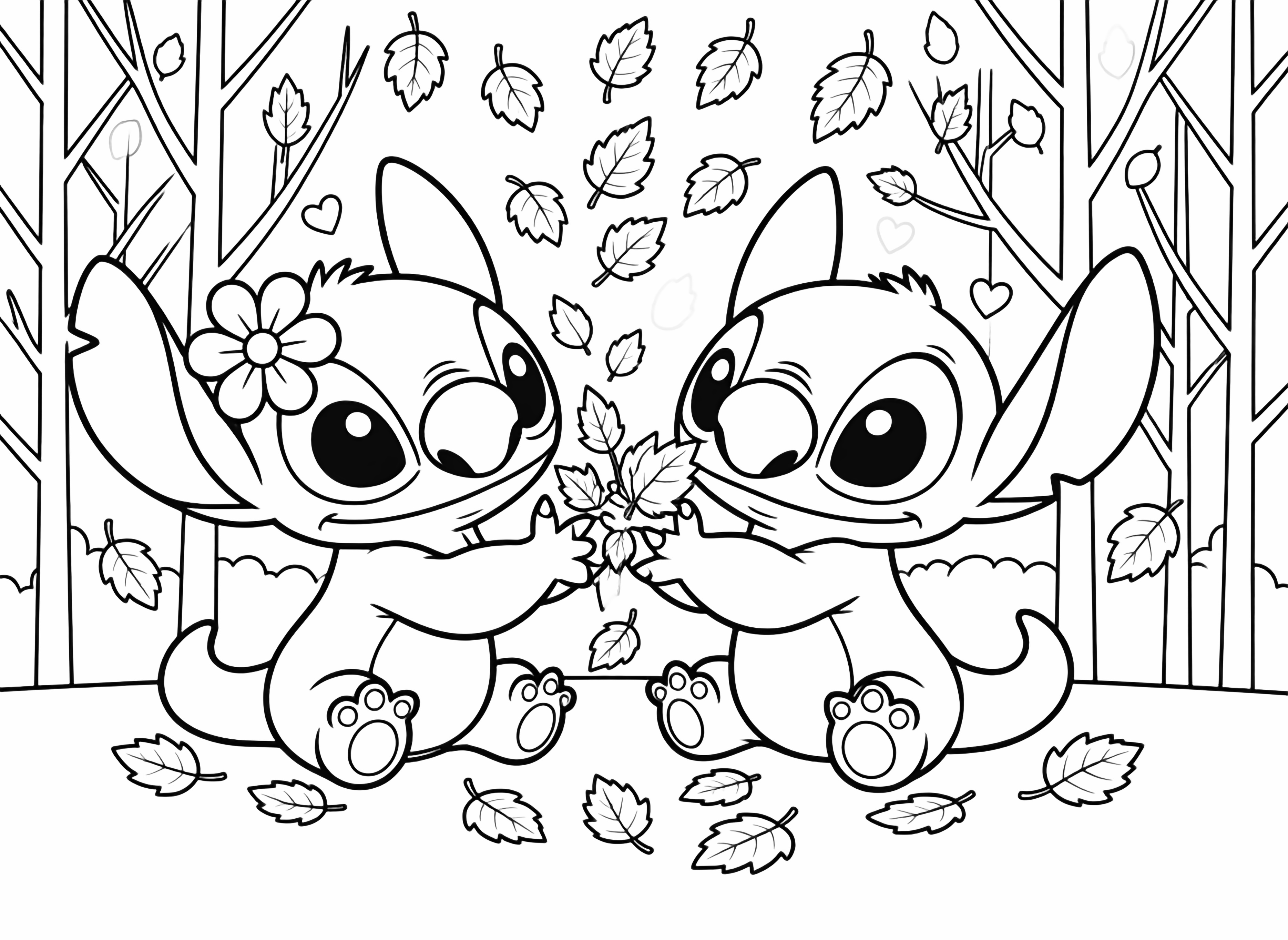Two cute cartoon alien creatures, one pink with a flower, one blue, sit close together, holding hands, surrounded by small hearts, in a delightful page style. kleurplaat