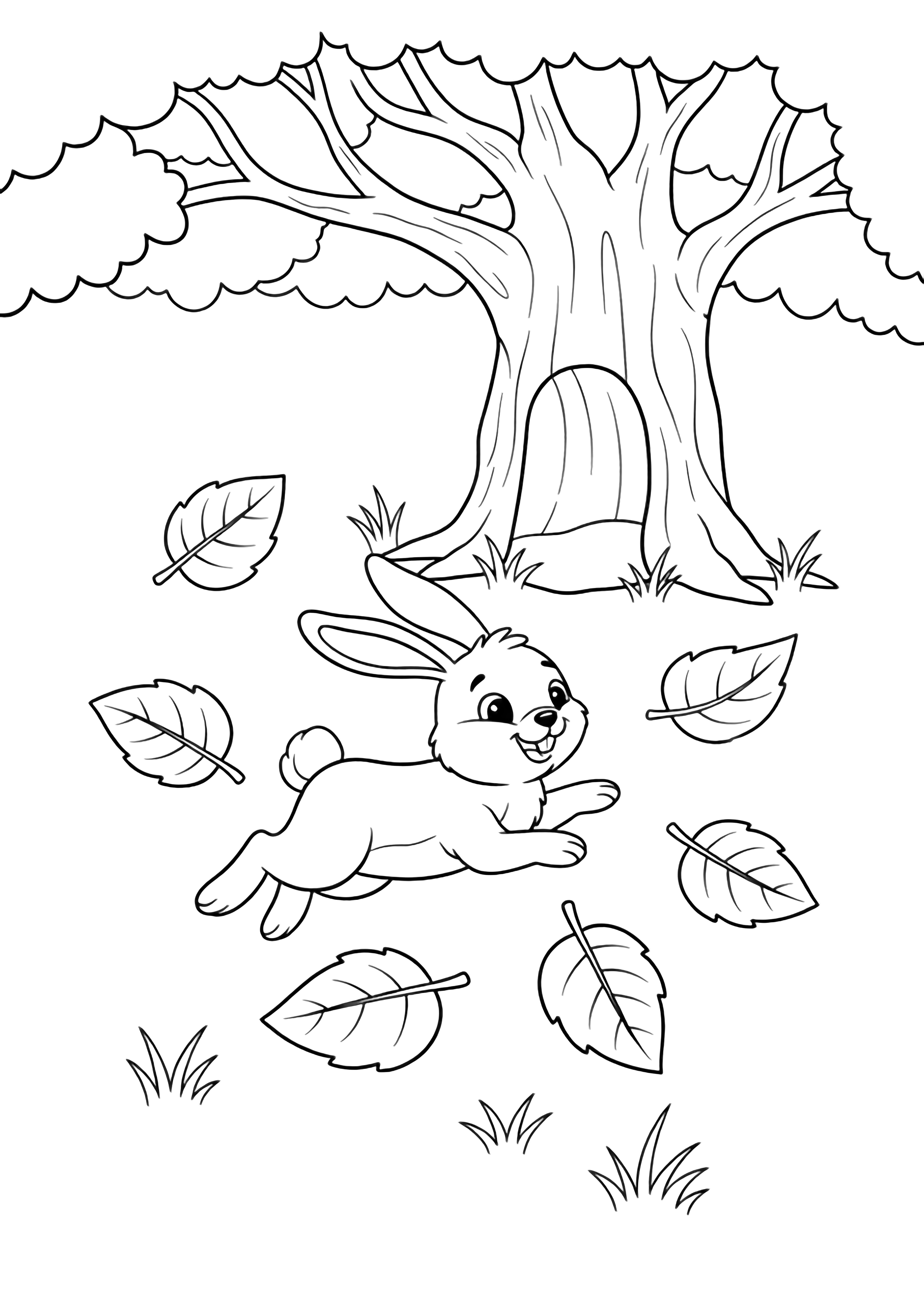 A joyful rabbit hops between oversized leaves beneath a broad-branched tree with an open trunk and small grass clumps. kleurplaat