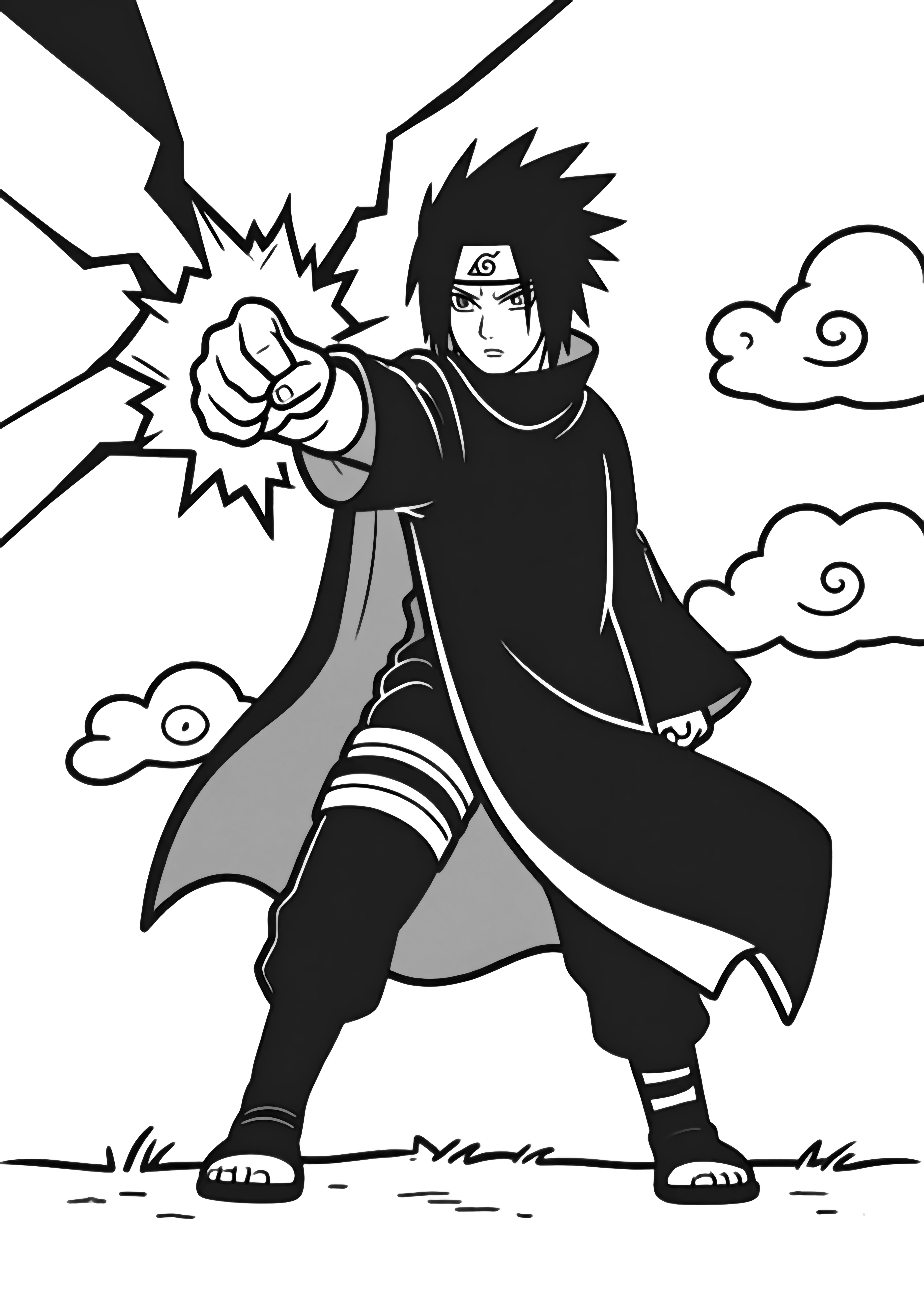 Sasuke lunges forward, right hand crackling with lightning; his hair and cloak whip back as small clouds swirl behind him. kleurplaat