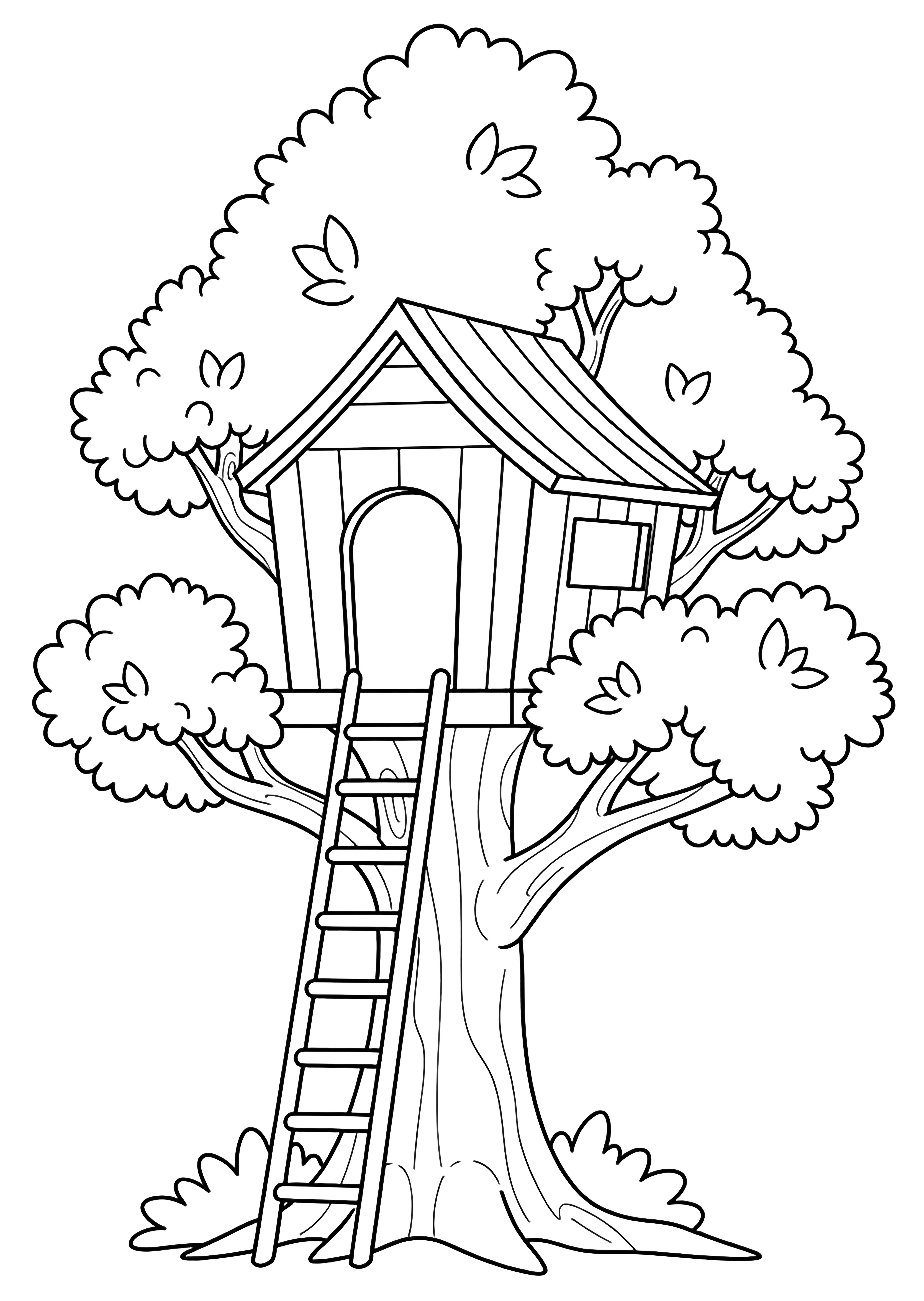 A simple treehouse perched among leafy branches, with an open doorway and a ladder leaning against the trunk. kleurplaat