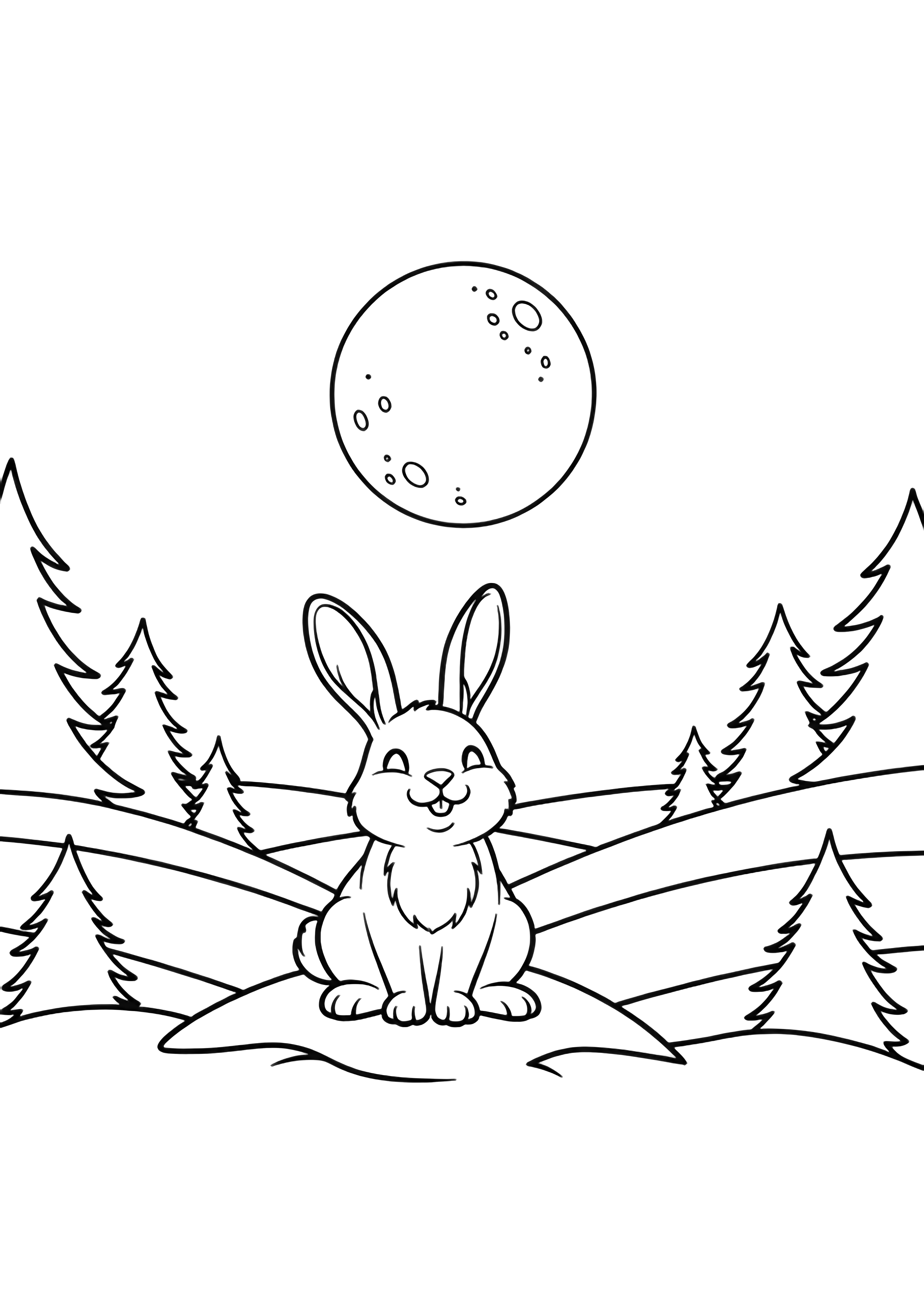 A cheerful rabbit perched on a snowy hilltop watches the full moon rise between dark pine trees. kleurplaat