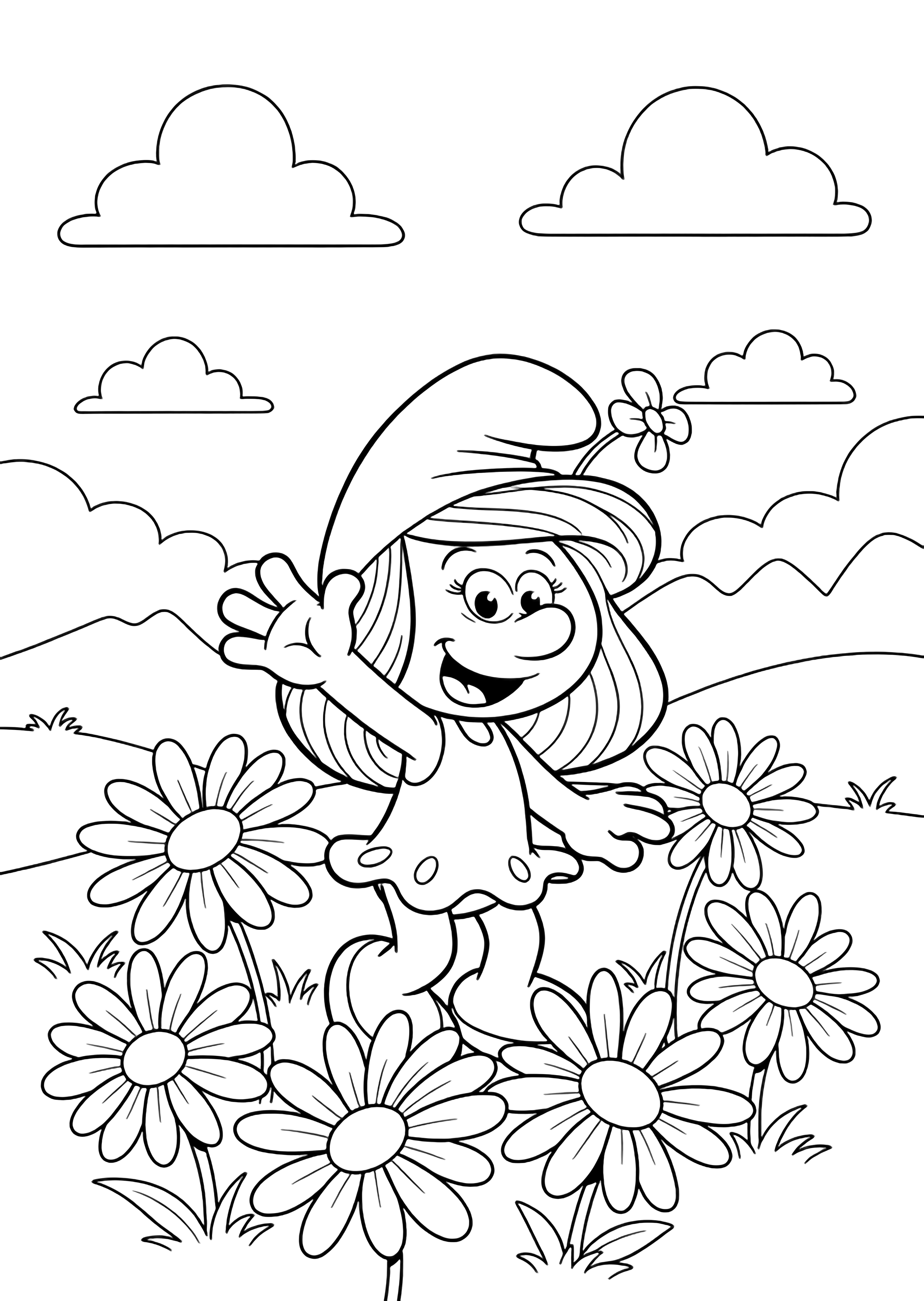 Smurfette waves cheerfully in a flower field, five big daisies around her, simple clouds and rolling hills behind. kleurplaat