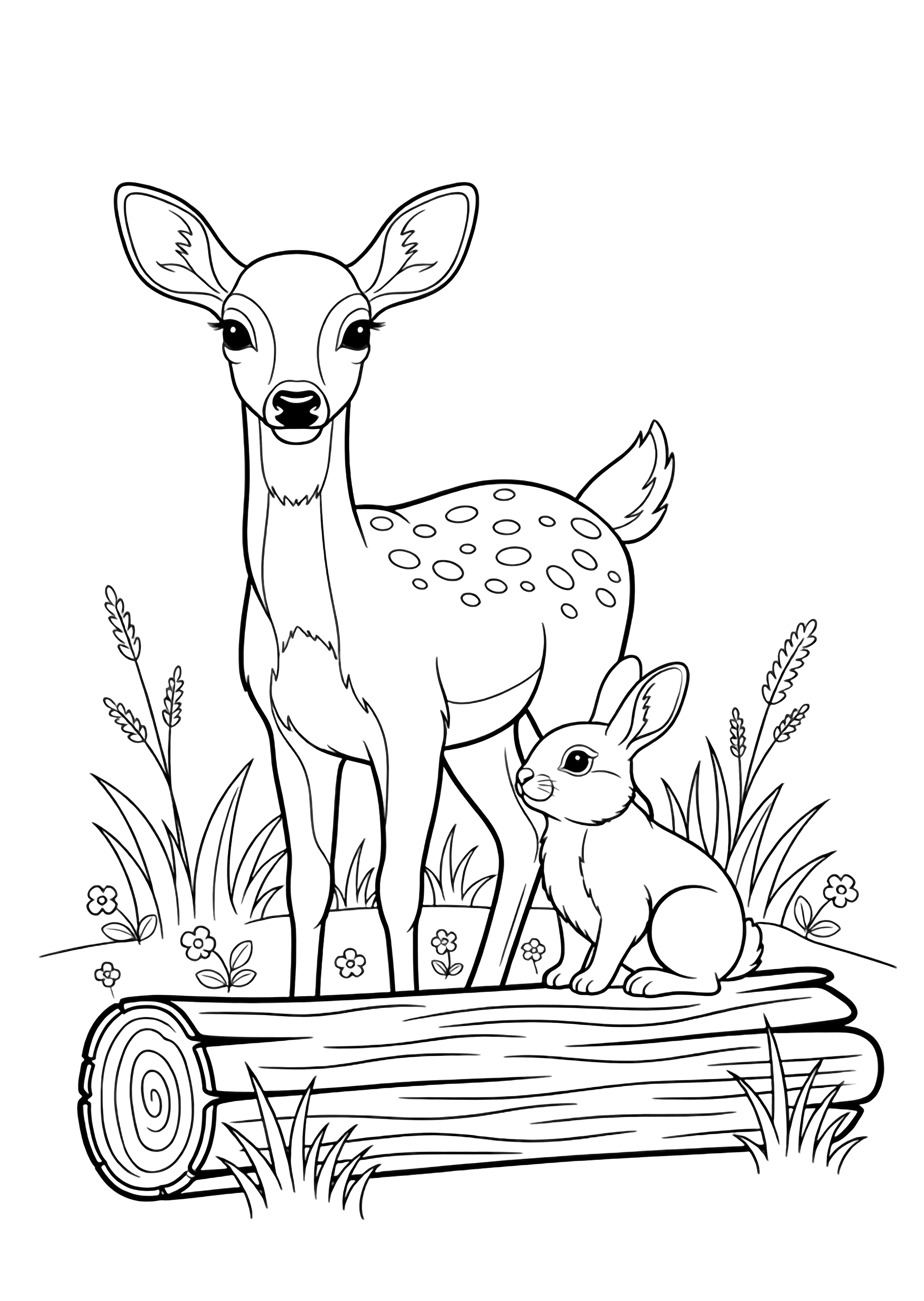 A gentle deer and a small rabbit stand together beside a fallen log, surrounded by tufts of grass and tiny flowers. kleurplaat