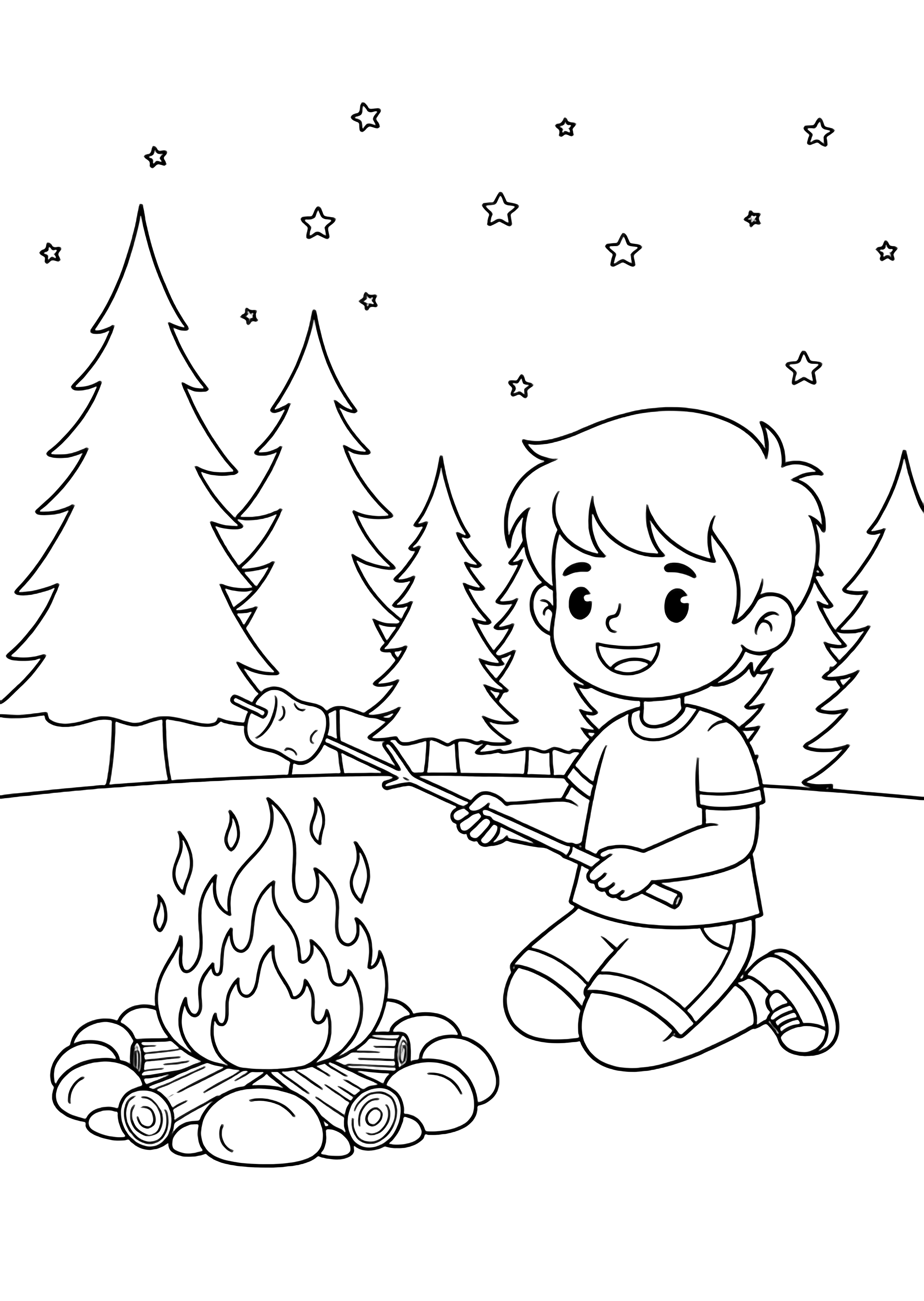 Smiling child kneels by a crackling campfire, toasting a marshmallow on a stick; logs, starry sky, and pine trees behind. kleurplaat