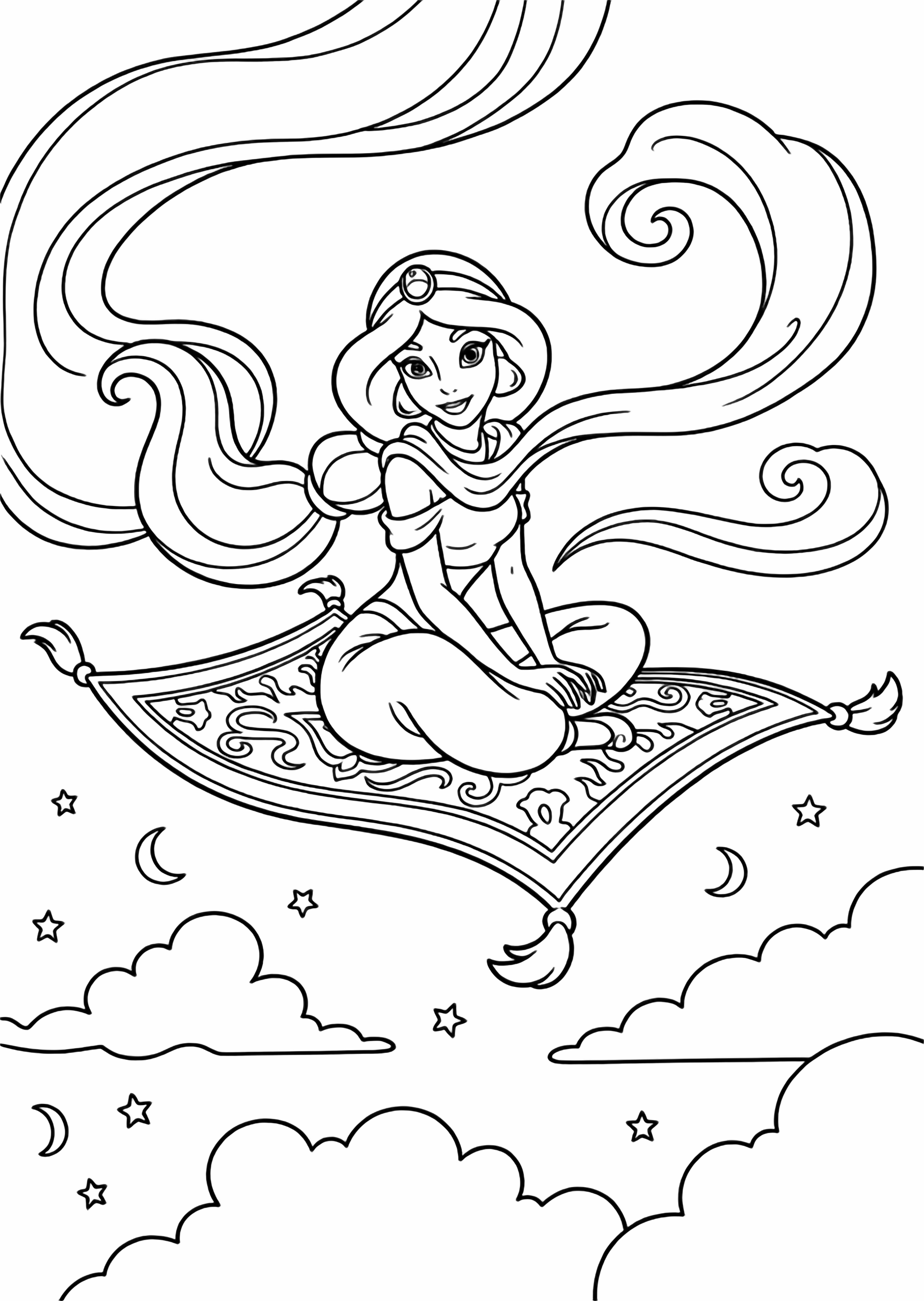 Jasmine sits cross-legged on her floating carpet, hair and scarf drifting, framed by simple clouds and stars. kleurplaat