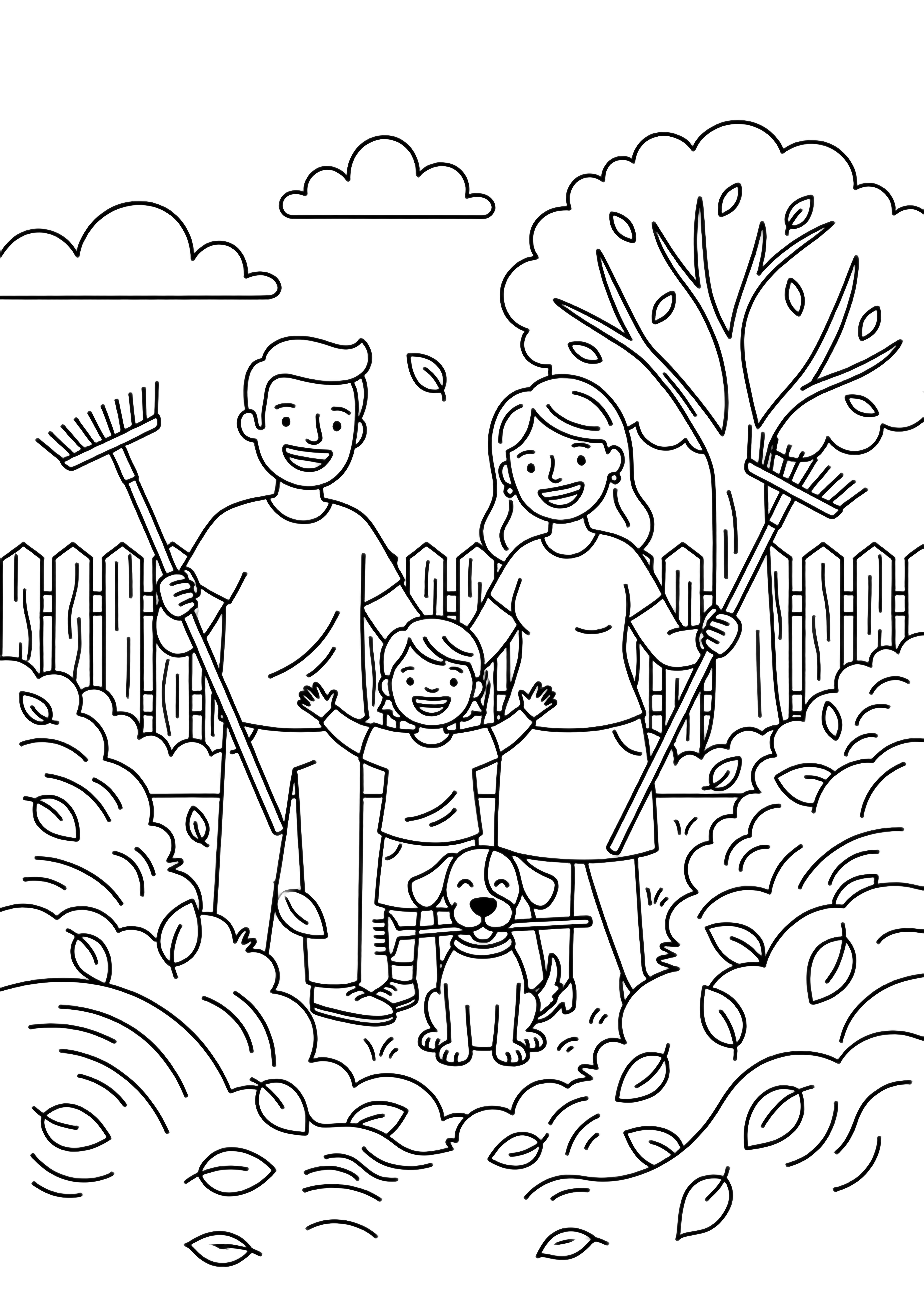 A happy family-dad, mom, child, and dog-rake and play in towering leaf piles beside a fence and tree under cloudy skies. kleurplaat