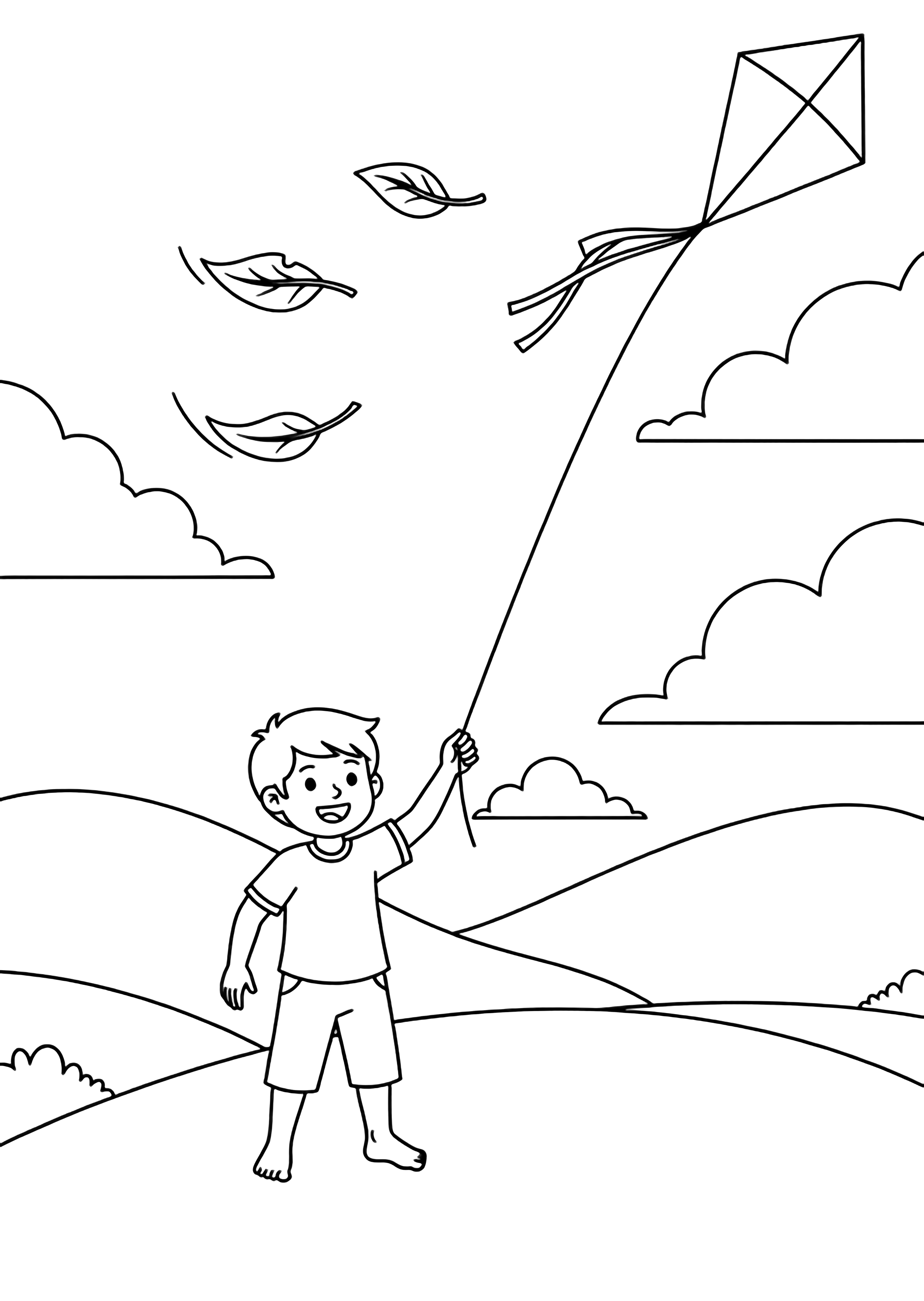 A barefoot boy on a grassy hill holds a kite string while three leaves swirl past clouds and rolling hills. kleurplaat