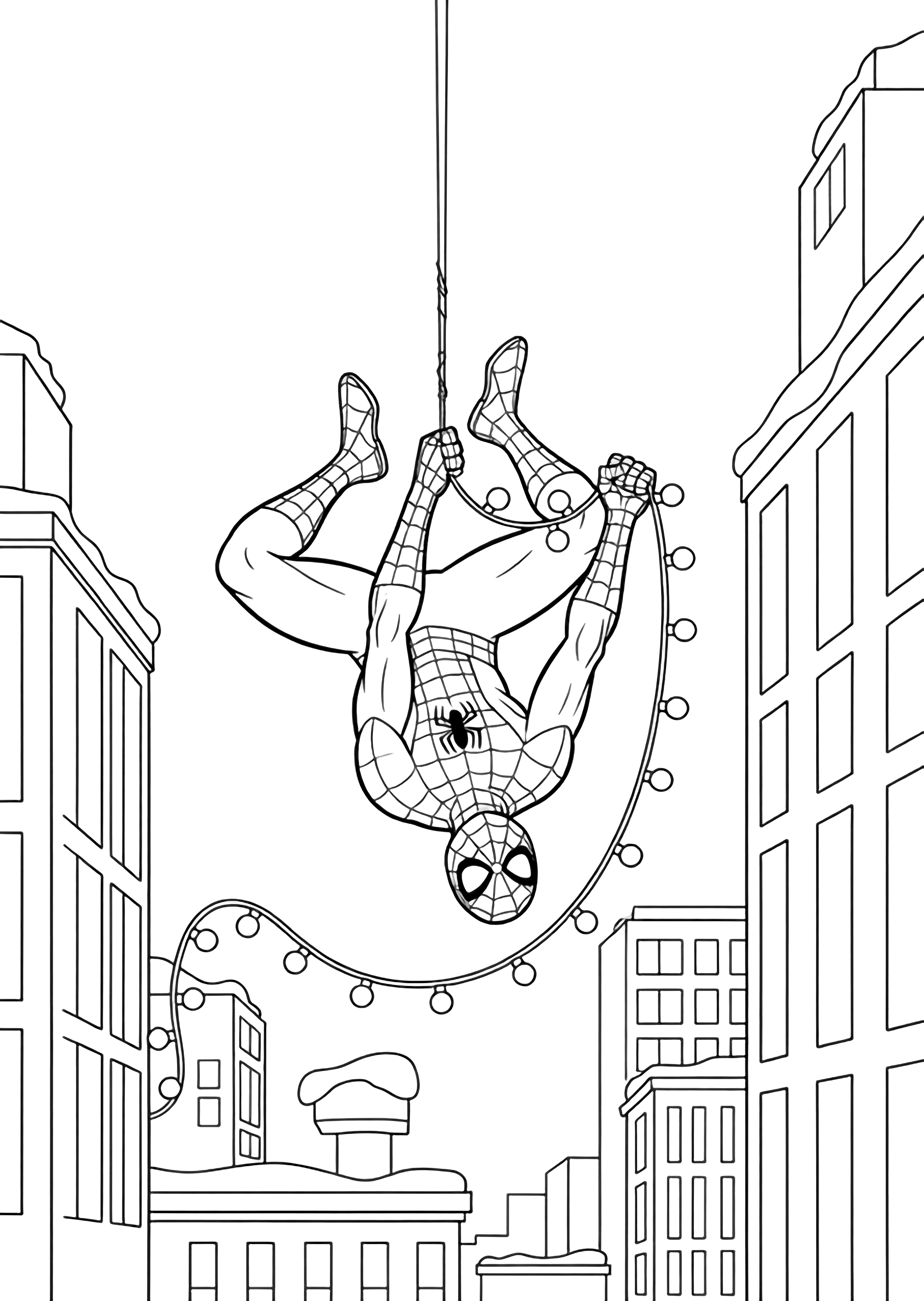 illustration on a Spider Man hangs upside down on a web between two skyscrapers gently looping a long strand of empty Christmas light sockets across the gap; simple snowy rooftops and distant blank windows frame him bold outlines for fun clean black kleurplaat