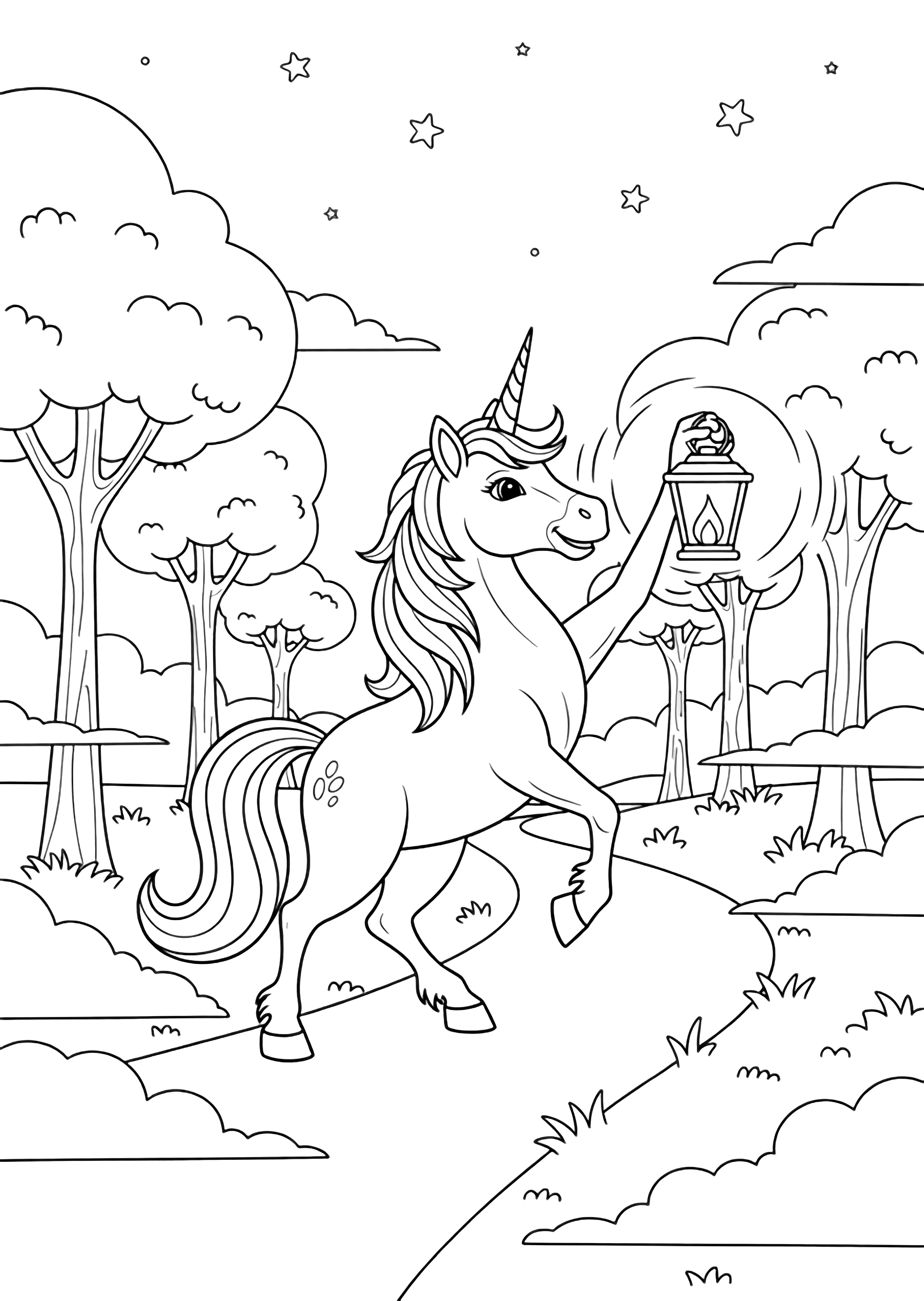 A smiling unicorn with flowing mane holds a lantern while walking a winding forest path among simple trees, drifting fog, and a few stars. kleurplaat
