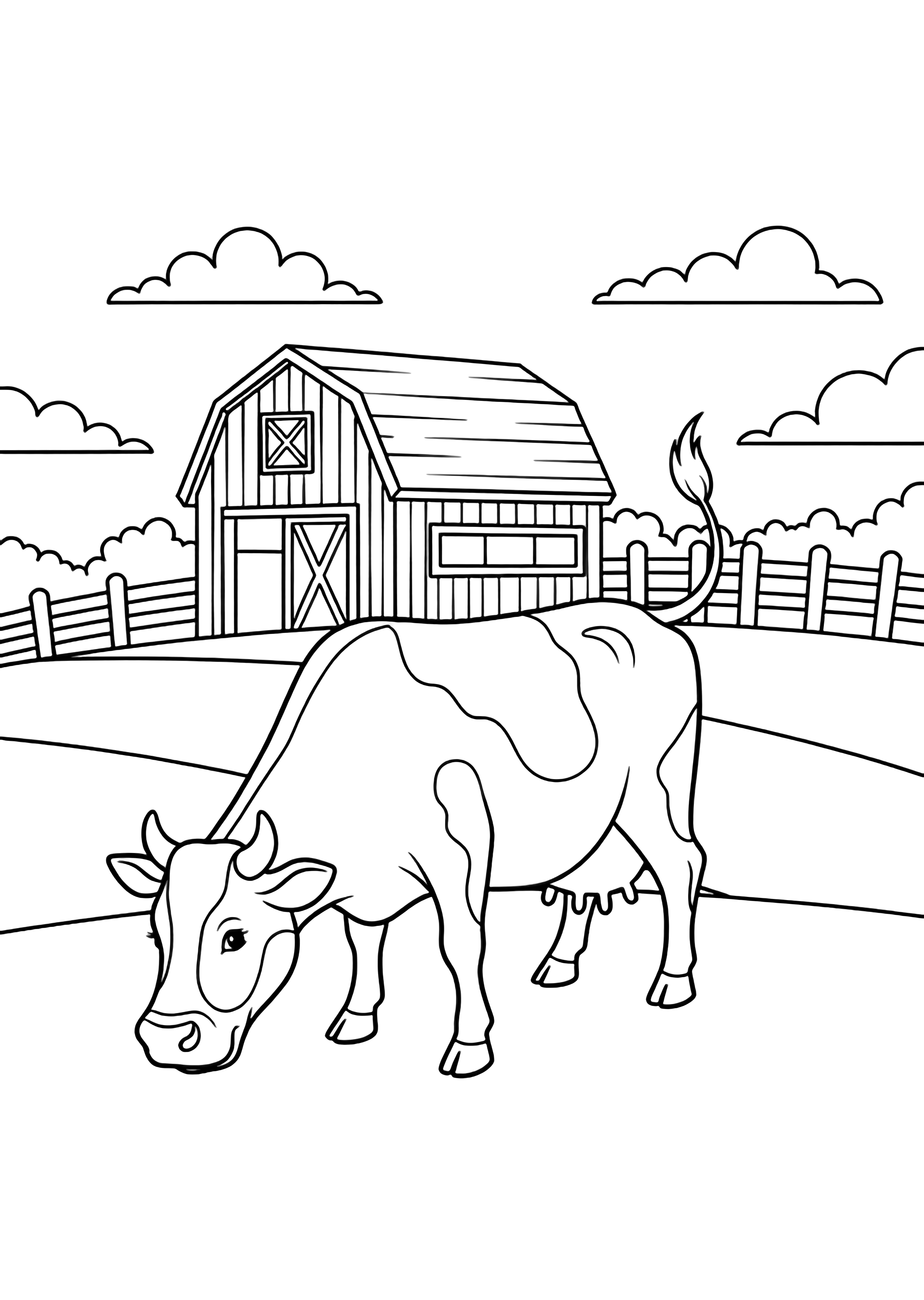 Cheerful cow grazing in meadow, tail flicking; behind her a barn with open doors, fence posts, fluffy clouds above. kleurplaat