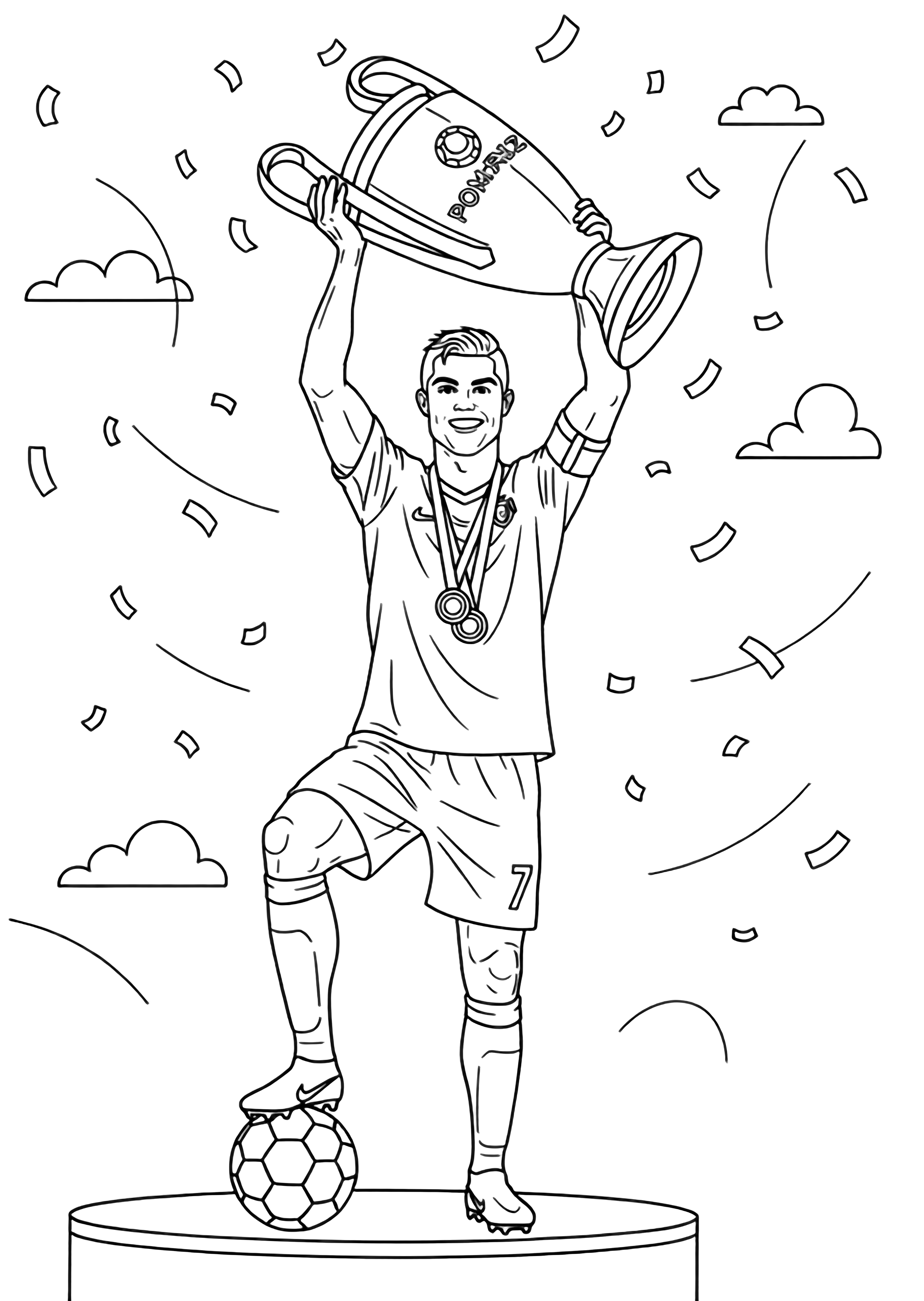 Smiling Ronaldo stands on a podium, one foot on a ball, hoisting a giant trophy while medals dangle and confetti swirls around him. kleurplaat