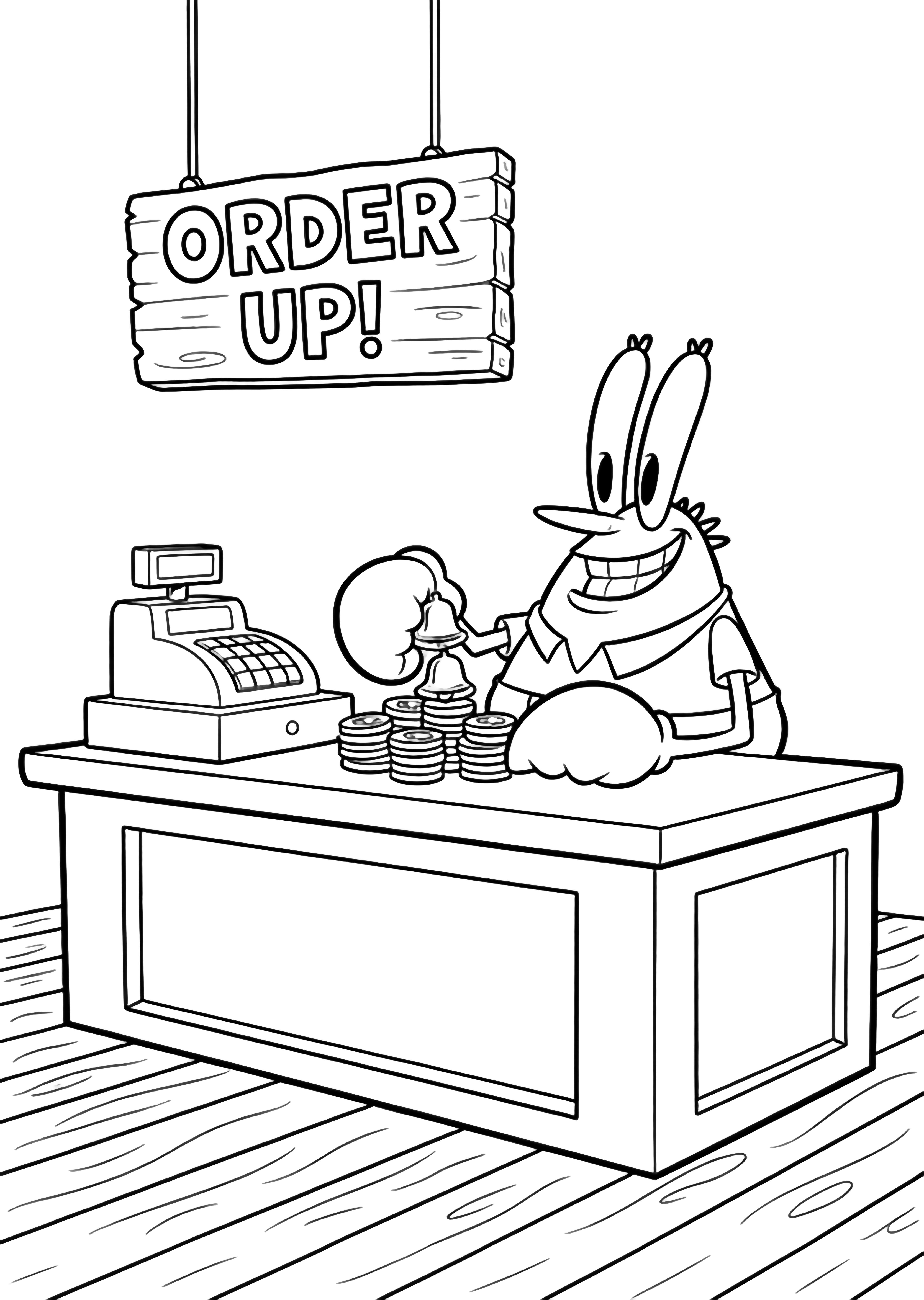 Mr. Krabs behind the Krusty Krab counter stacking bell-shaped coins, cash register above, plank floor below. kleurplaat