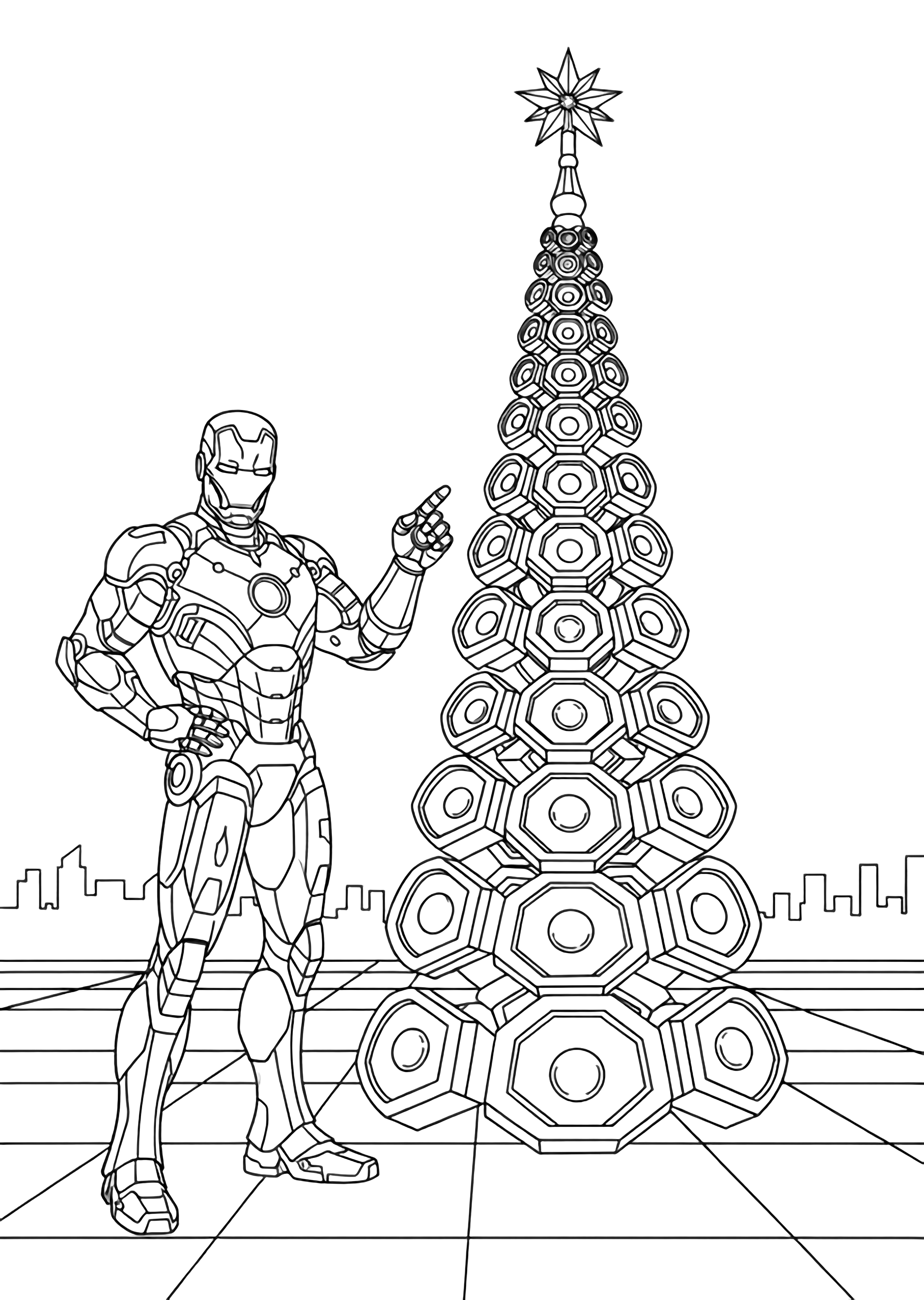 Iron Man stands smiling, one hand on hip, the other pointing at a towering Christmas tree made of stacked hexagon arc-reactor ornaments, with a tiled floor and distant city skyline. kleurplaat