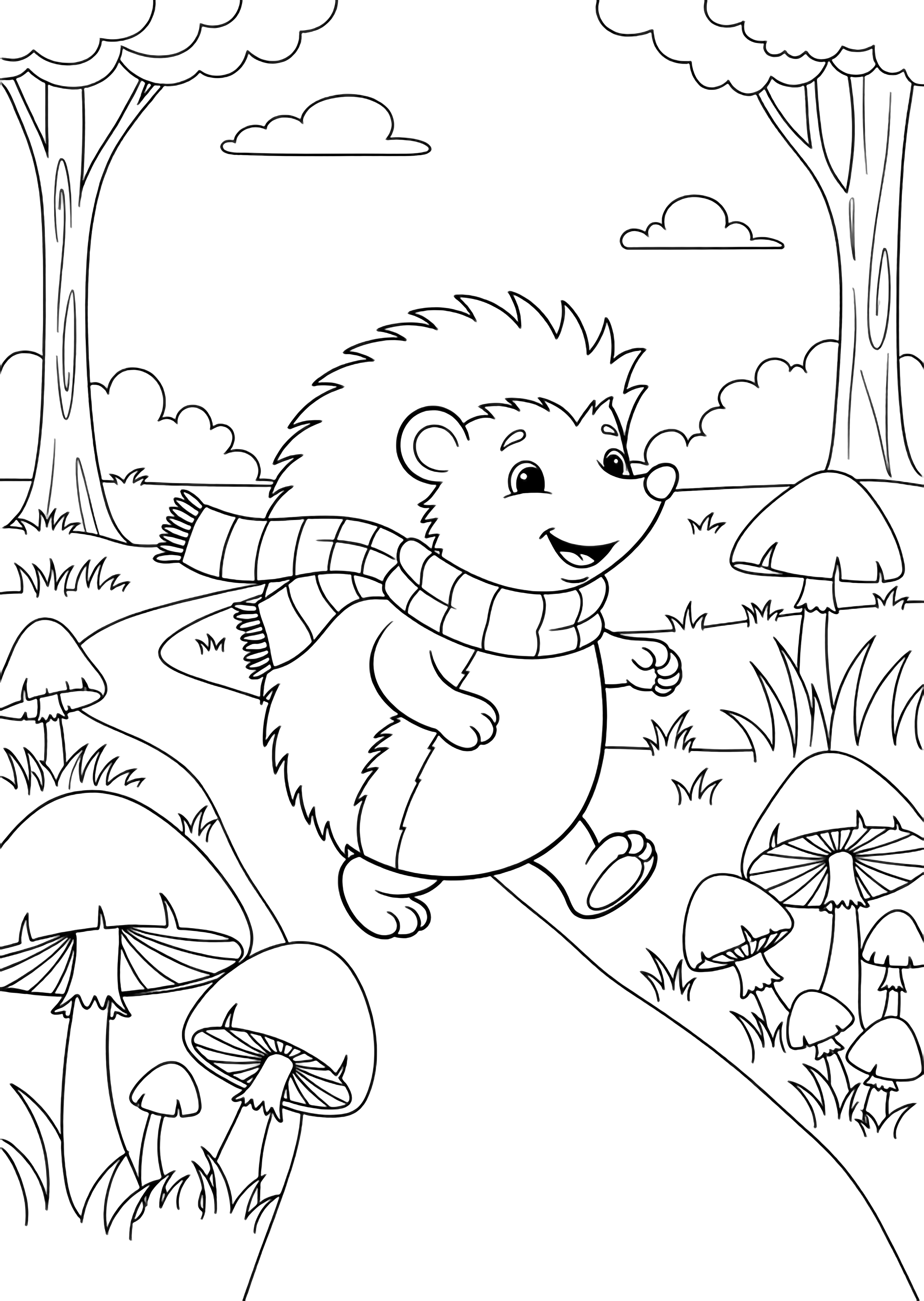 A cheerful hedgehog wearing a striped scarf walks along a winding forest path, passing tall mushrooms, tufted grass, and leafy trees. kleurplaat