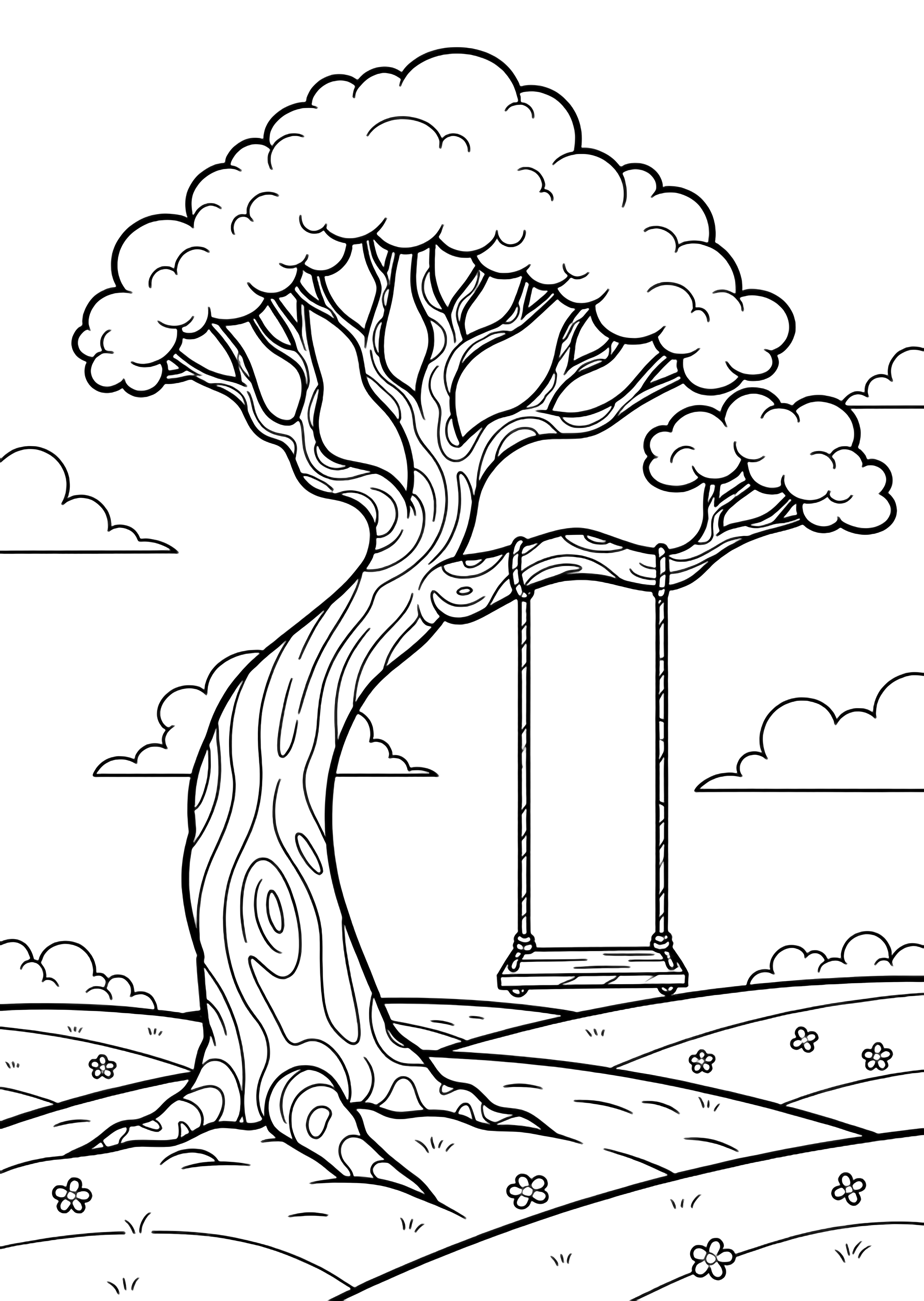 A tall twisty tree on a hill, a plank swing hanging from its branch, clouds above, tiny flowers scattered below. kleurplaat