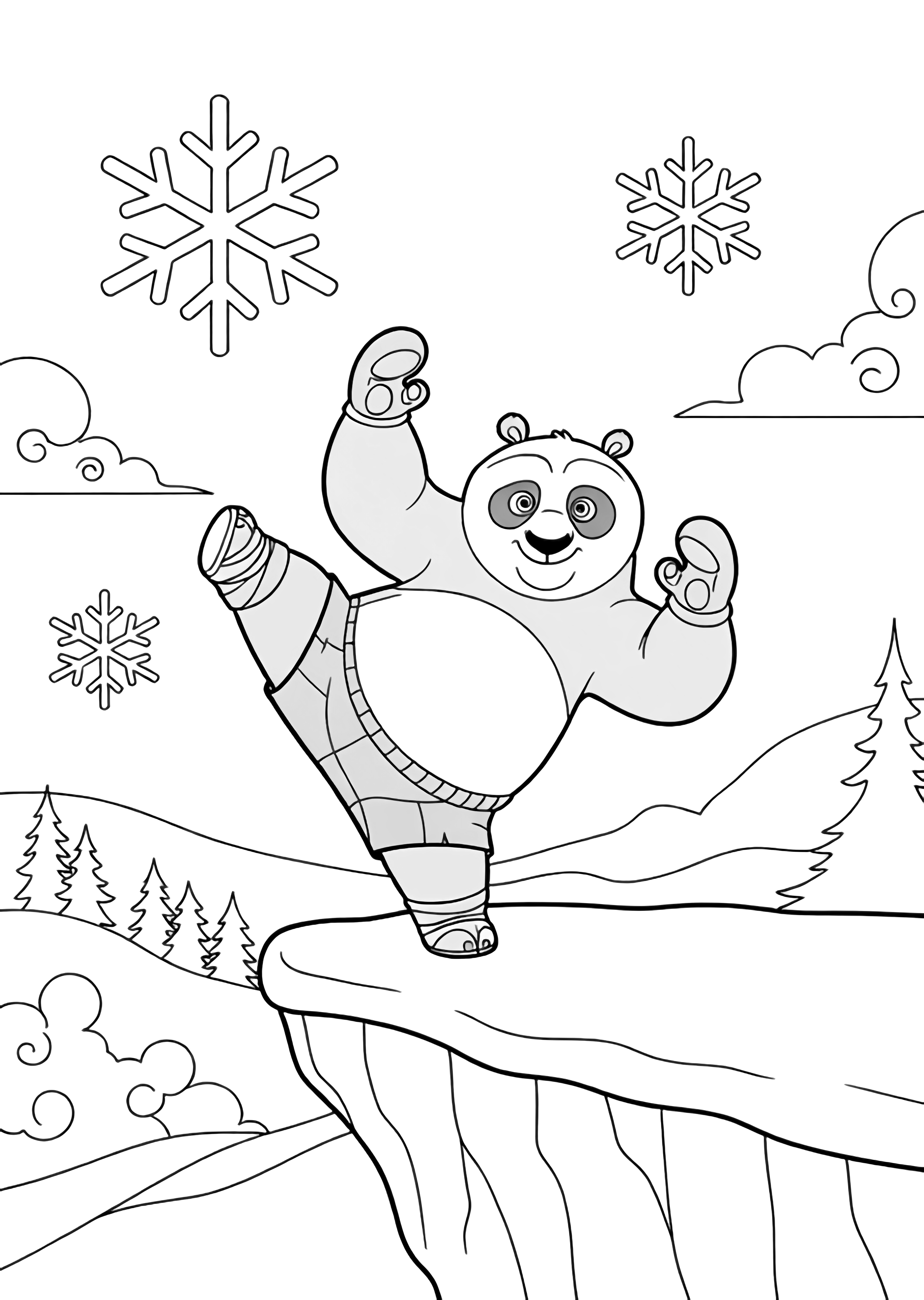 Po the panda high-kicks on a snowy cliff ledge, fluffy tail balancing, mittens raised, big snowflakes drifting around, distant pines and rolling clouds. kleurplaat