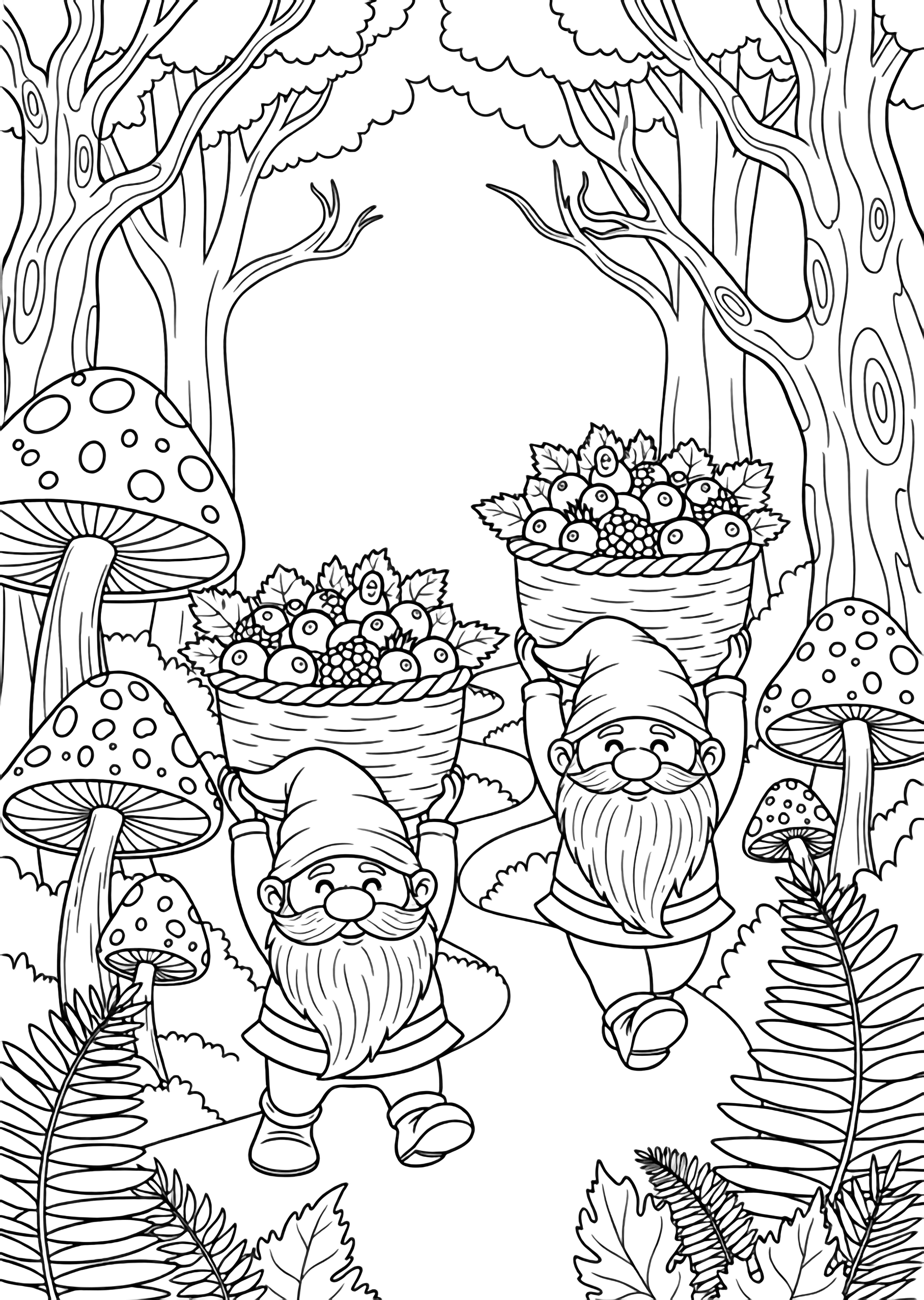 Two cheerful gnomes stroll a winding forest path, each balancing a berry-filled basket on their cap amid towering mushrooms, twisty trees, and fern fronds. kleurplaat