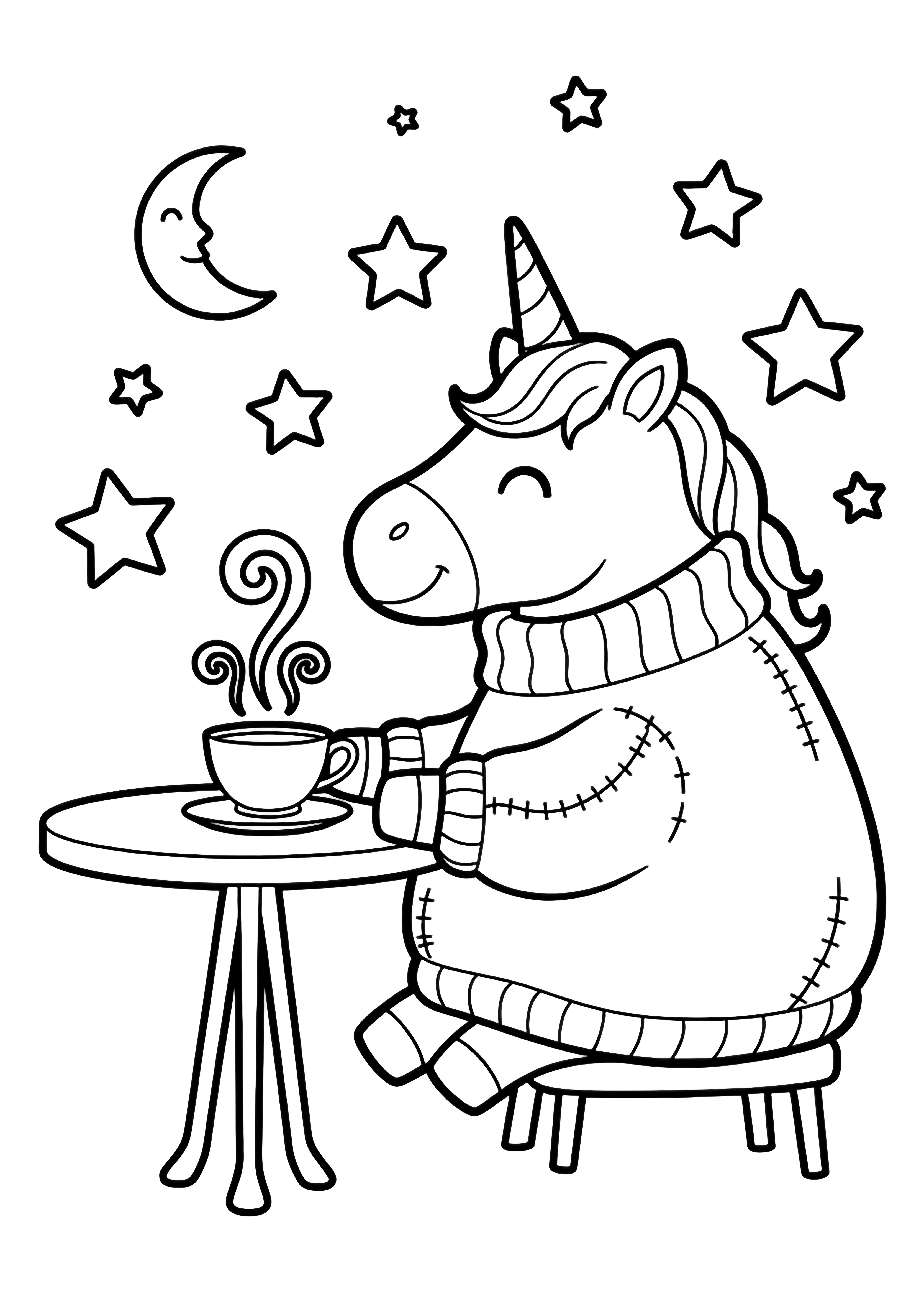 A smiling unicorn in a sweater sits at a tiny table lifting a teacup while stars and a crescent moon drift nearby. kleurplaat