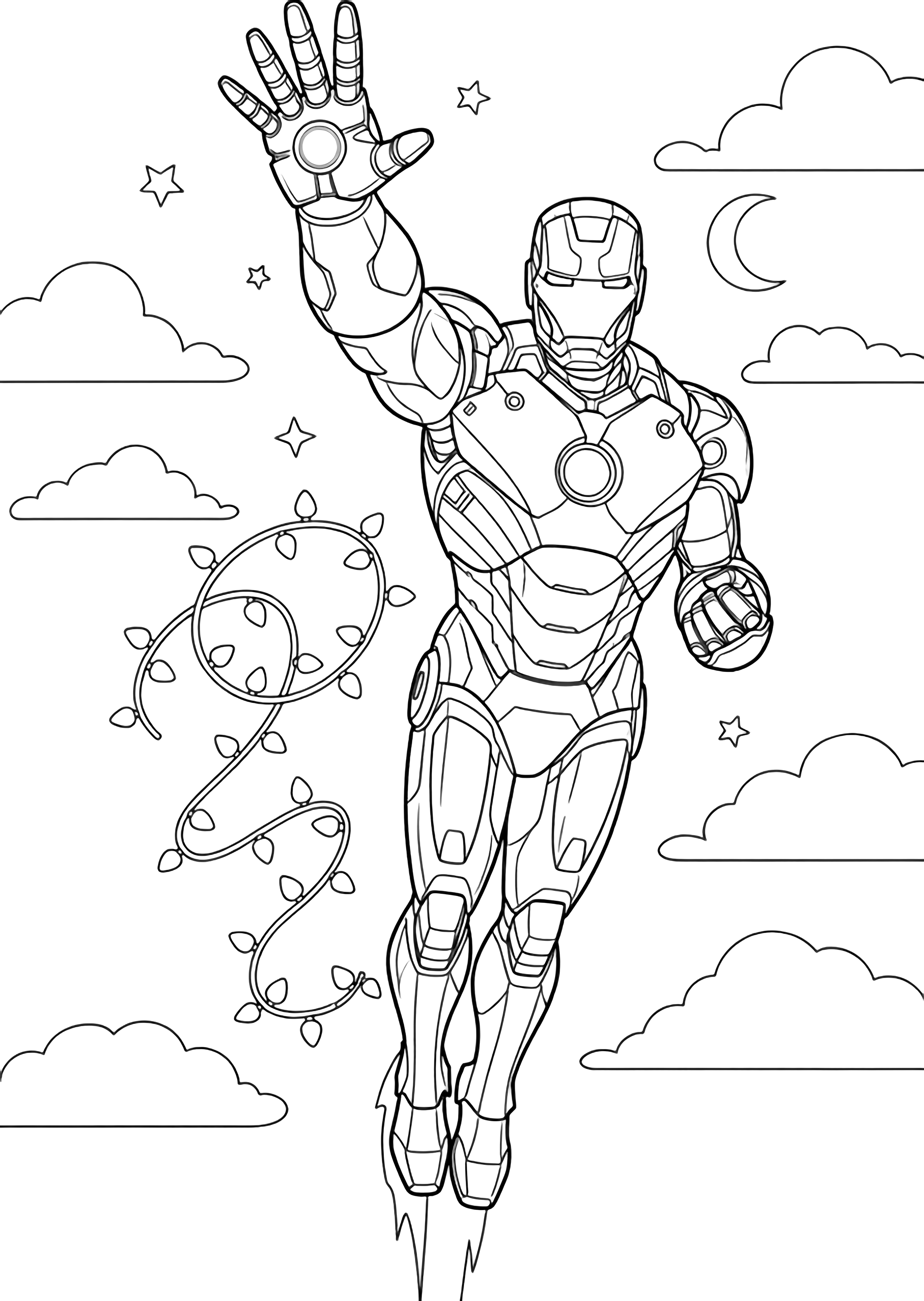illustration on a Iron Man soars upward right arm extended left tucked; smooth armor plates outlined Behind looping Christmas light strand forms wavy trail Simple cloud puffs distant stars moon All interior shapes white bold black outlines ready to color clean black kleurplaat