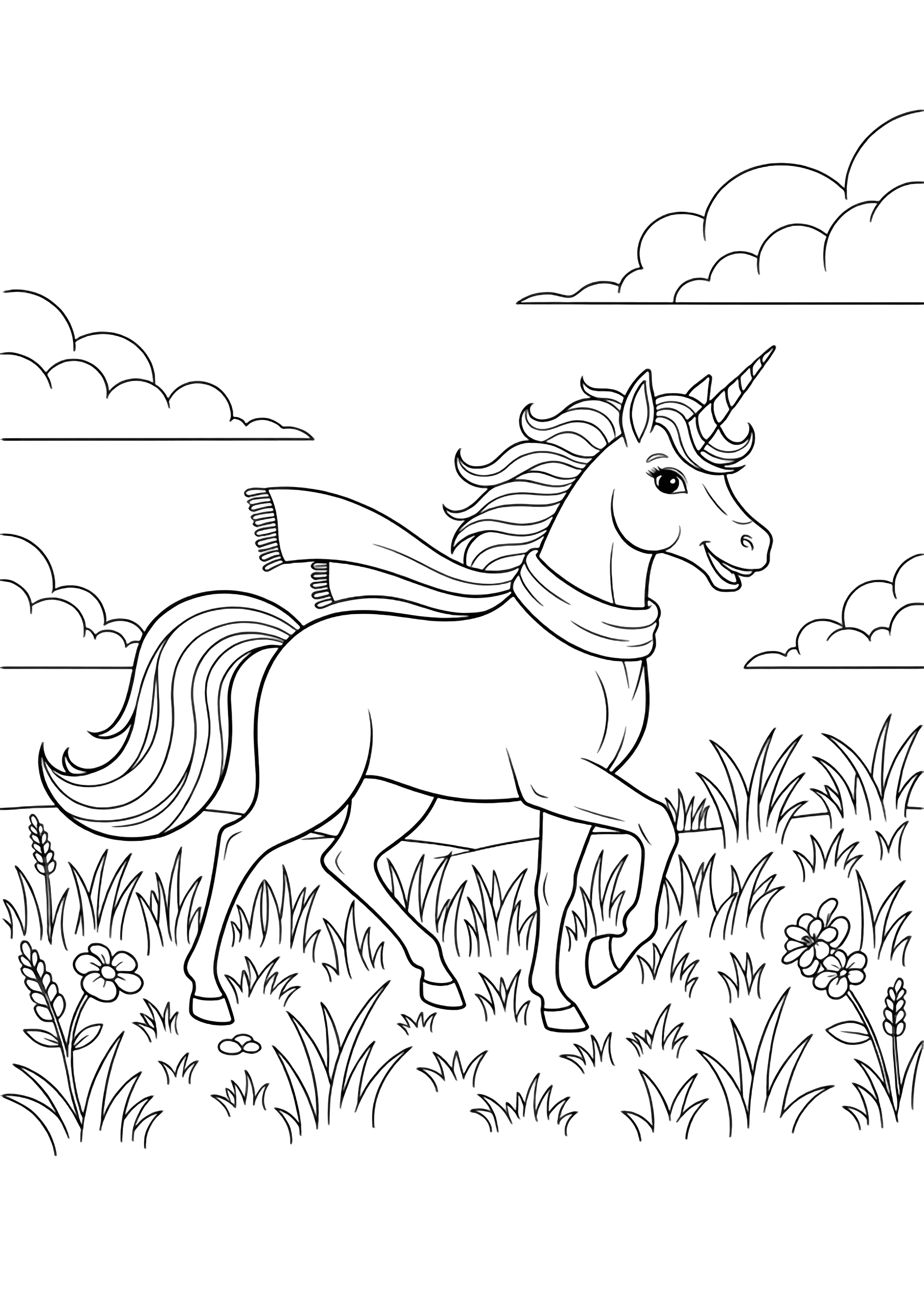 A smiling unicorn wearing a flowing scarf trots through tall grass dotted with a few flowers beneath fluffy clouds. kleurplaat