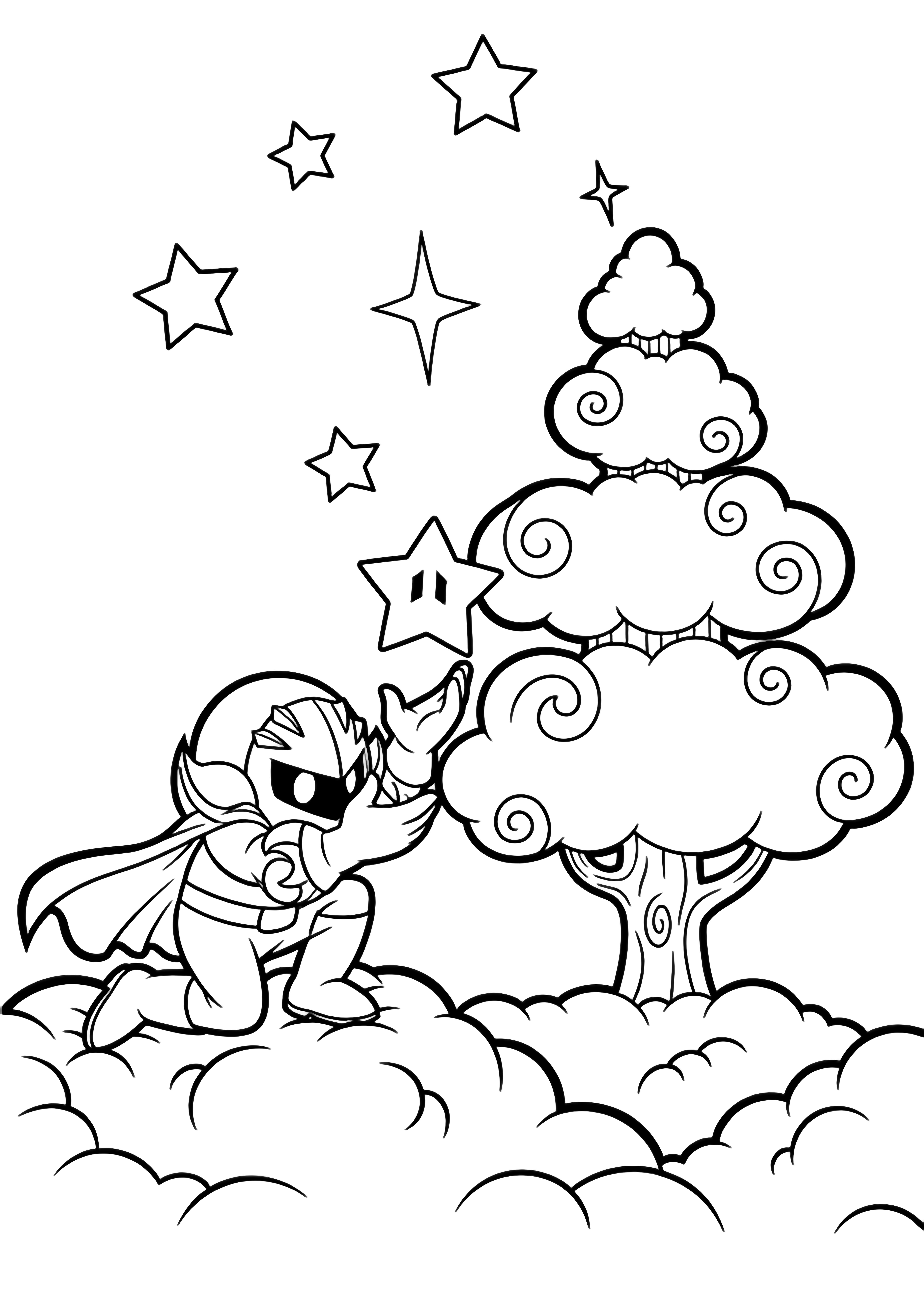 Meta Knight kneels on a cloud, lifting a star onto a tiered cloud-tree while more stars drift above. kleurplaat